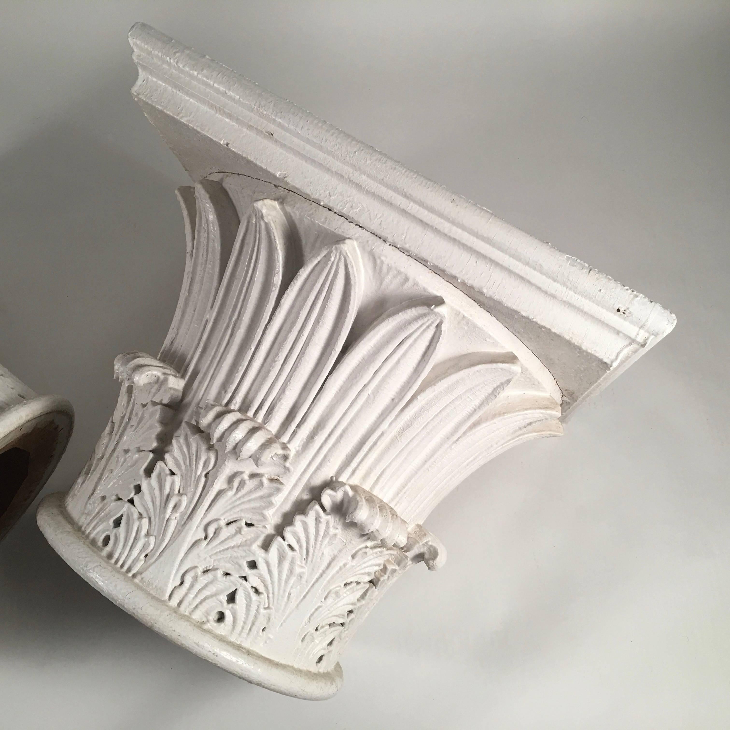 Pair of Carved and Painted Wood Neoclassical Column Capital Tables In Excellent Condition In Essex, MA