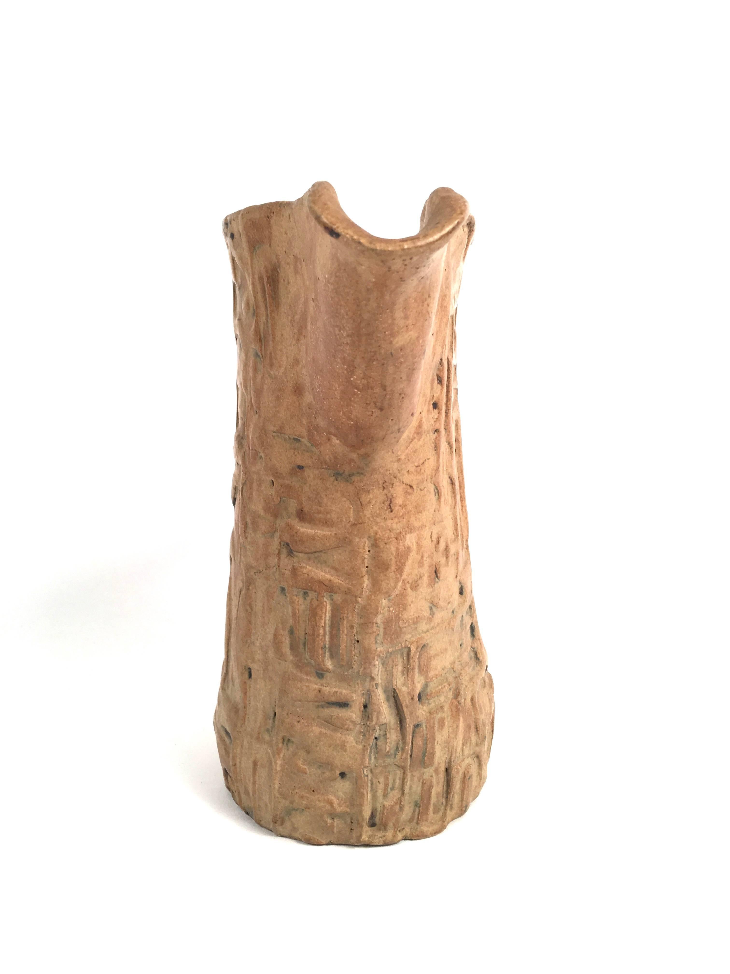 Folk Art Primitive Pottery Pitcher with Typography, circa 1960s 1