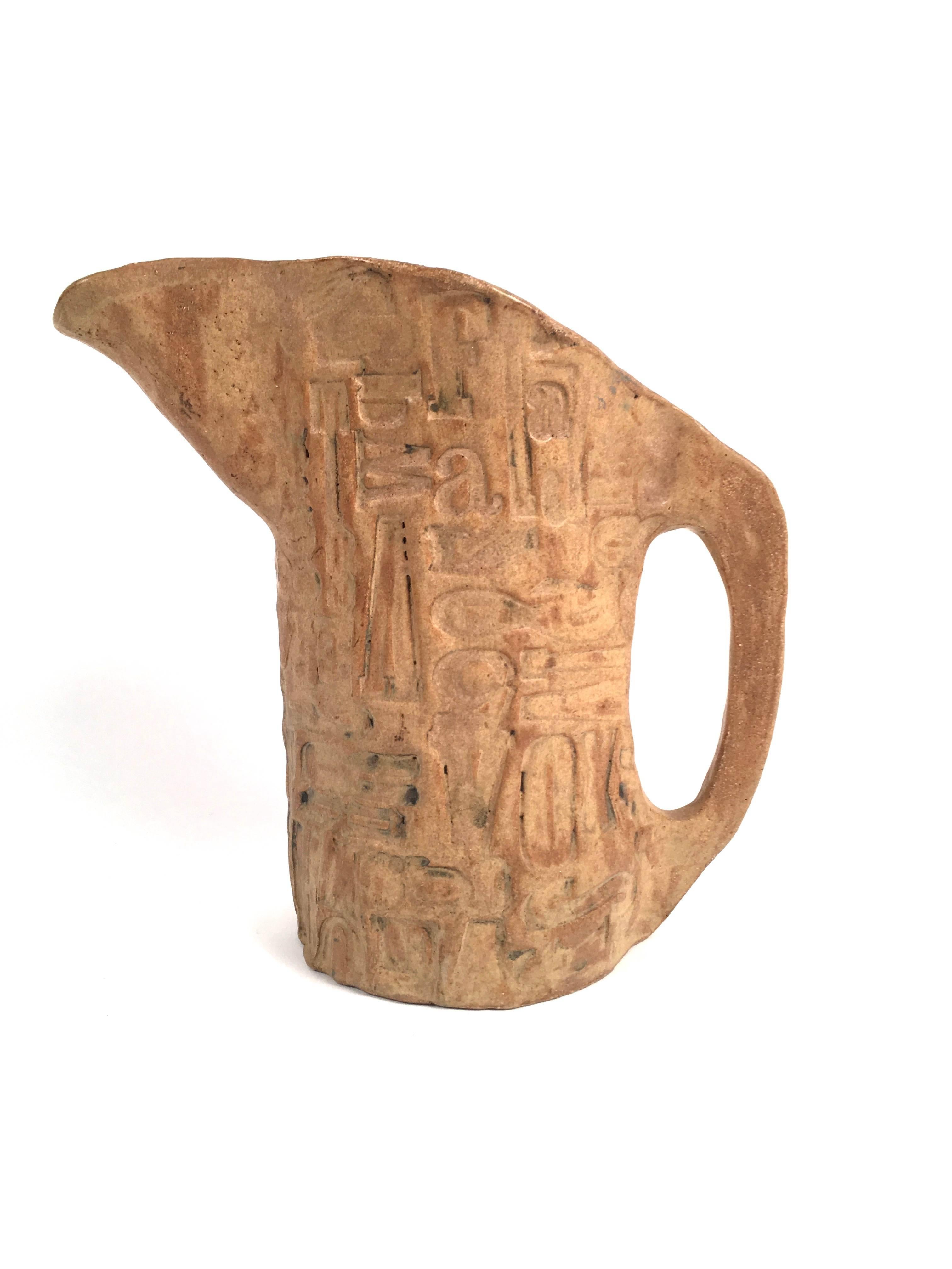 American Folk Art Primitive Pottery Pitcher with Typography, circa 1960s