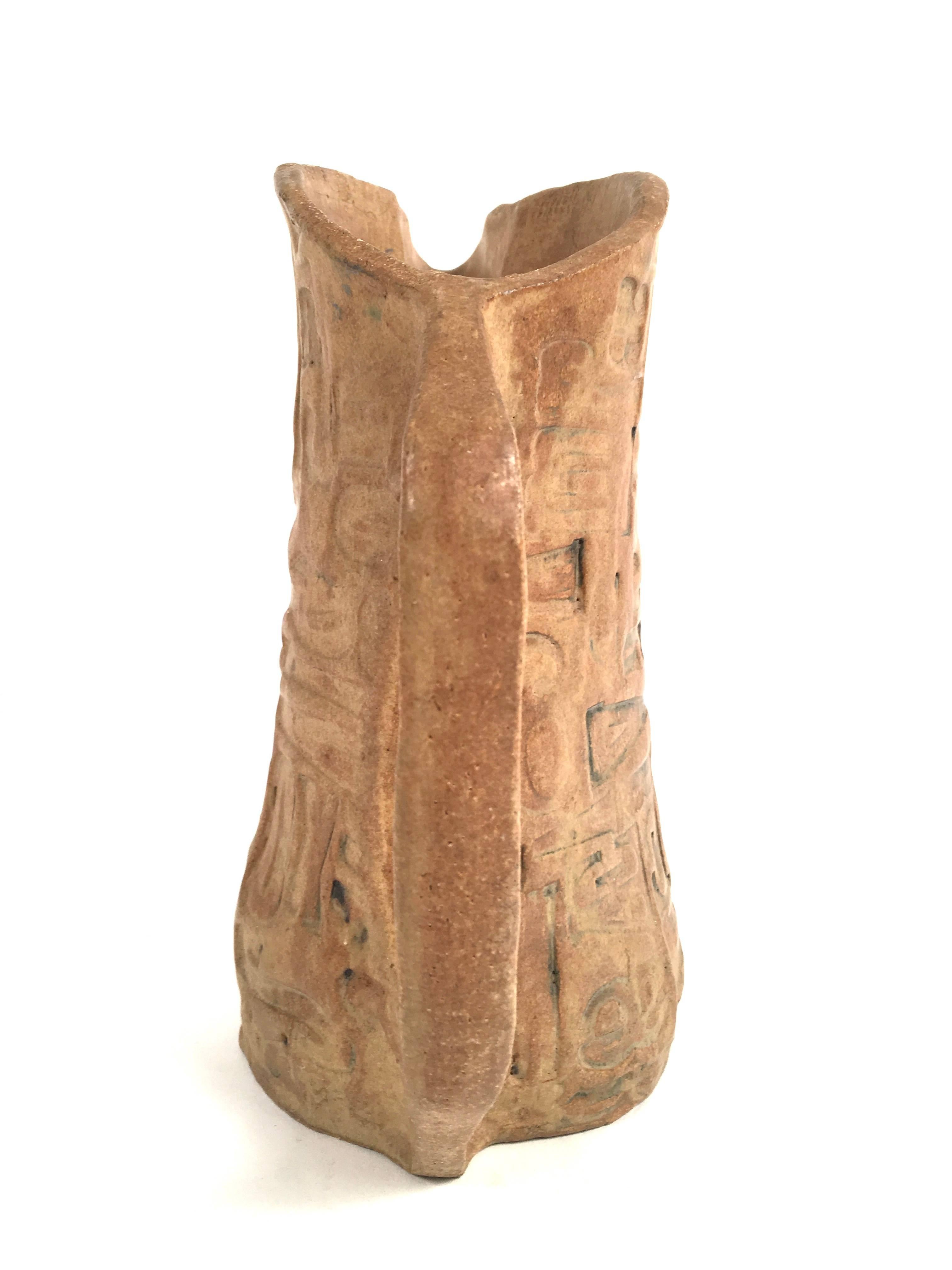 Stoneware Folk Art Primitive Pottery Pitcher with Typography, circa 1960s