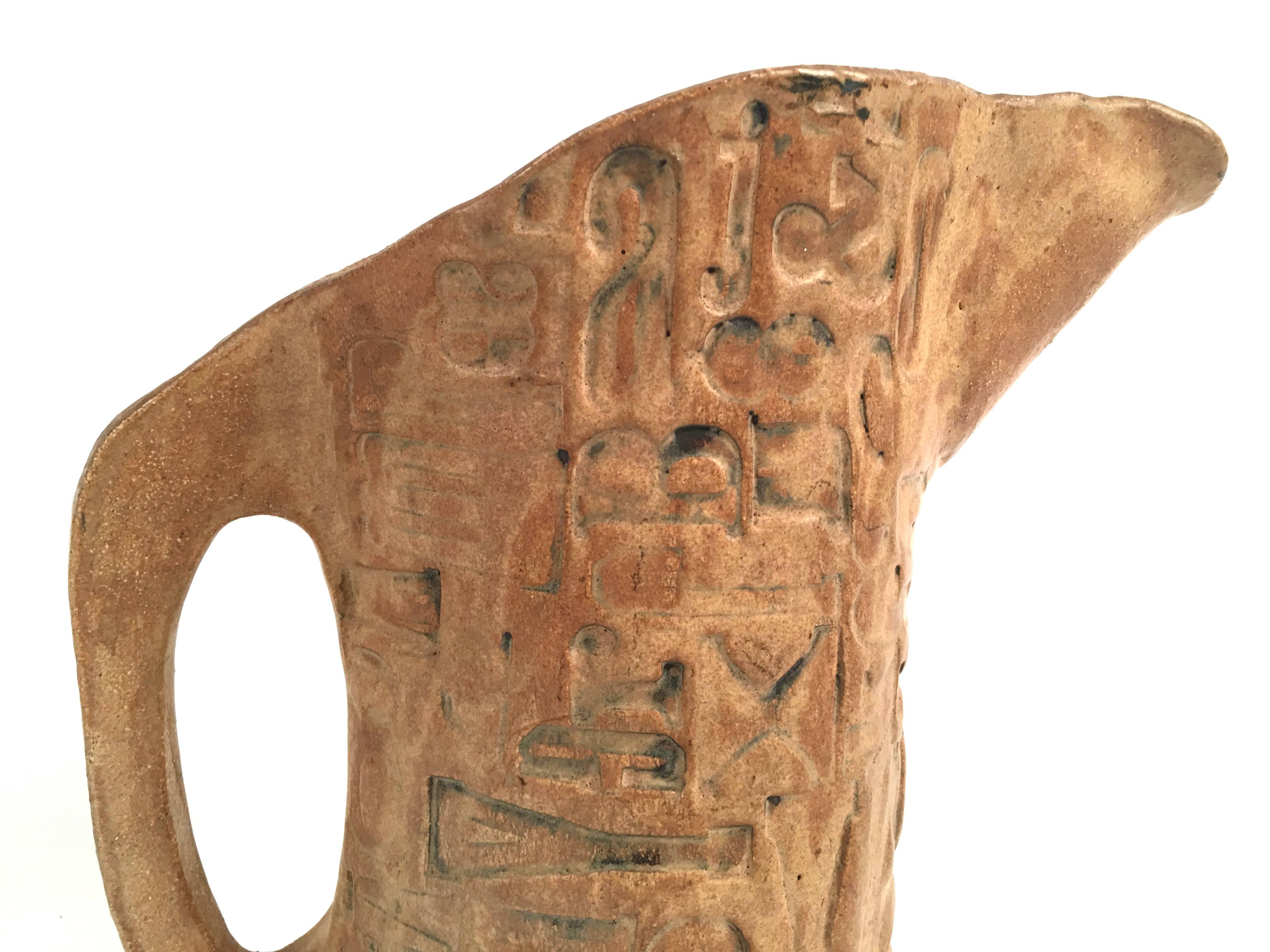 Hand-Crafted Folk Art Primitive Pottery Pitcher with Typography, circa 1960s