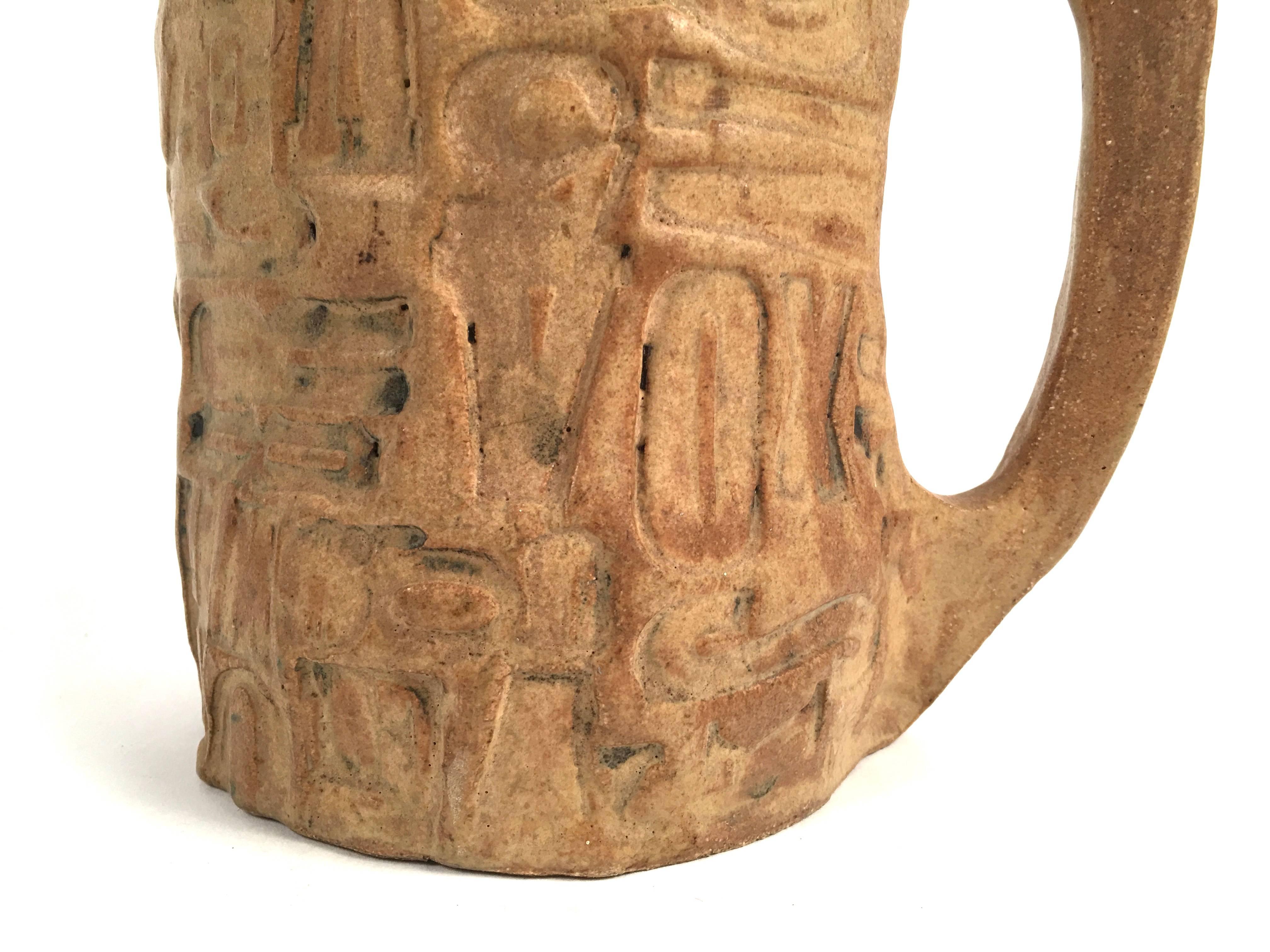 20th Century Folk Art Primitive Pottery Pitcher with Typography, circa 1960s