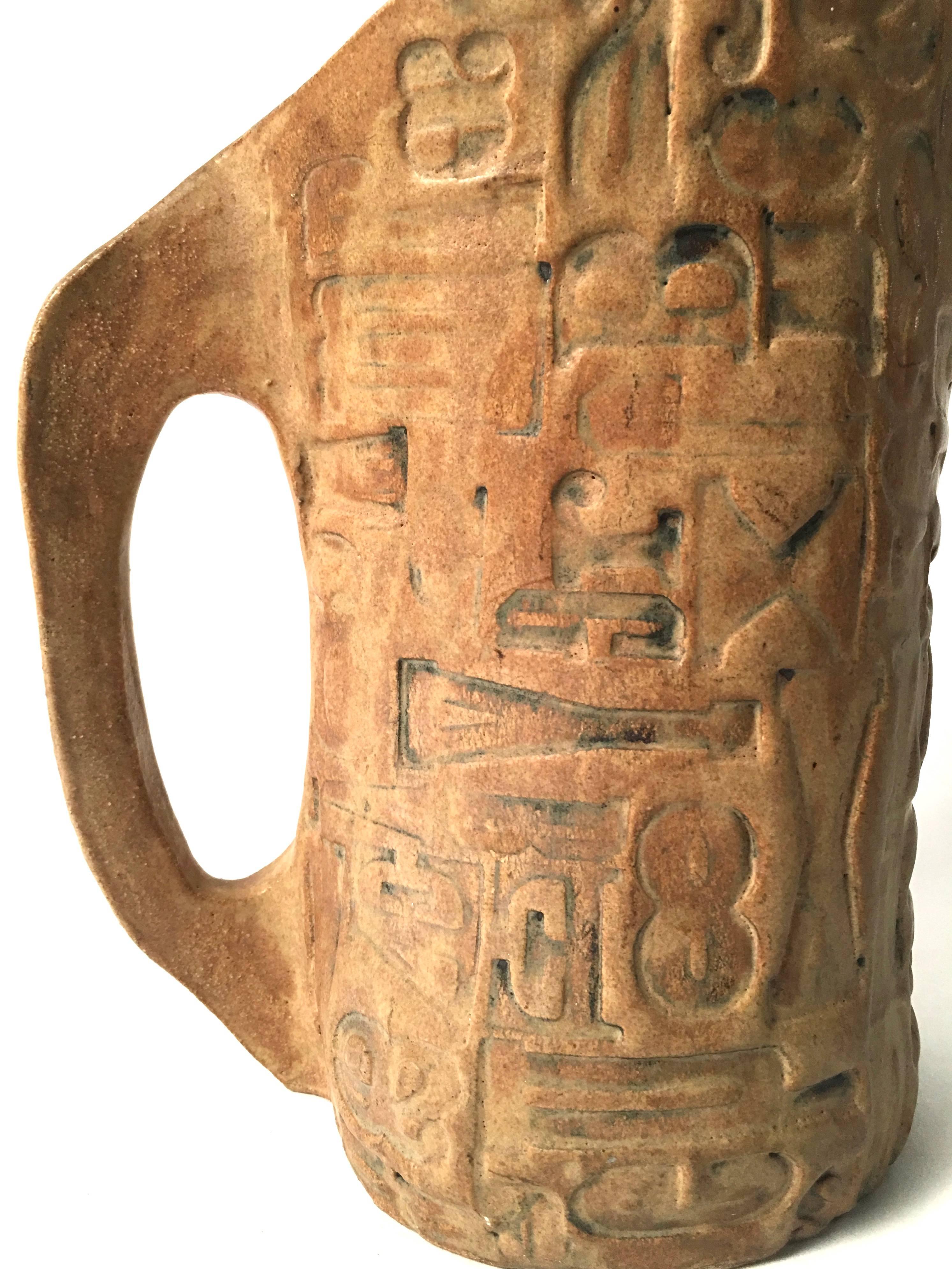 Folk Art Primitive Pottery Pitcher with Typography, circa 1960s In Excellent Condition In Essex, MA