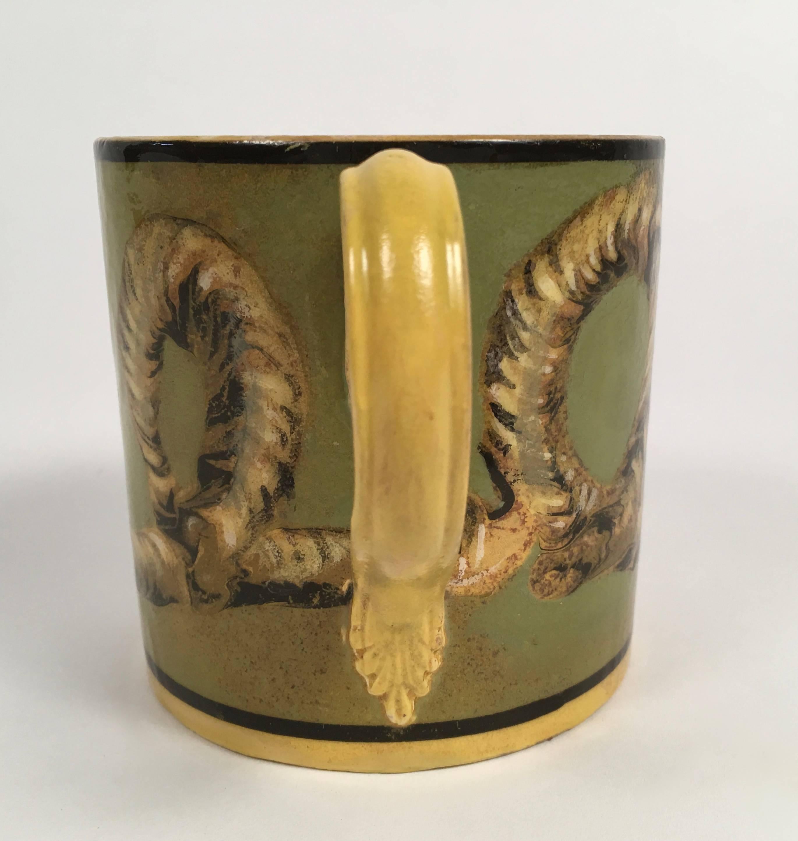Folk Art French Yellow Creil Mochaware Pottery Mug