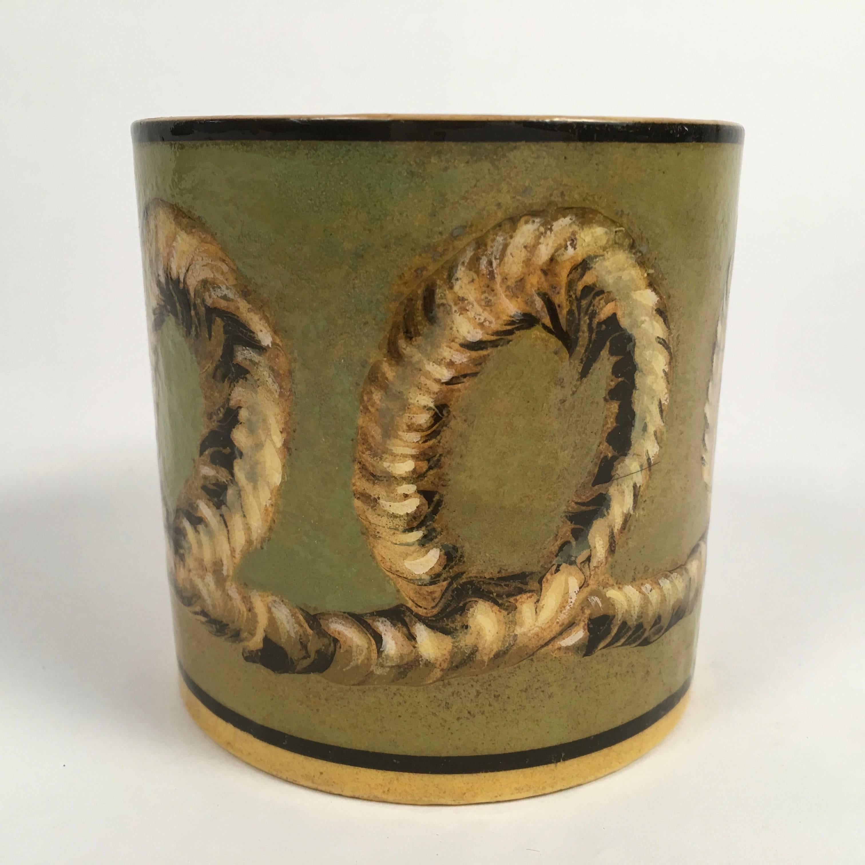 French Yellow Creil Mochaware Pottery Mug In Excellent Condition In Essex, MA