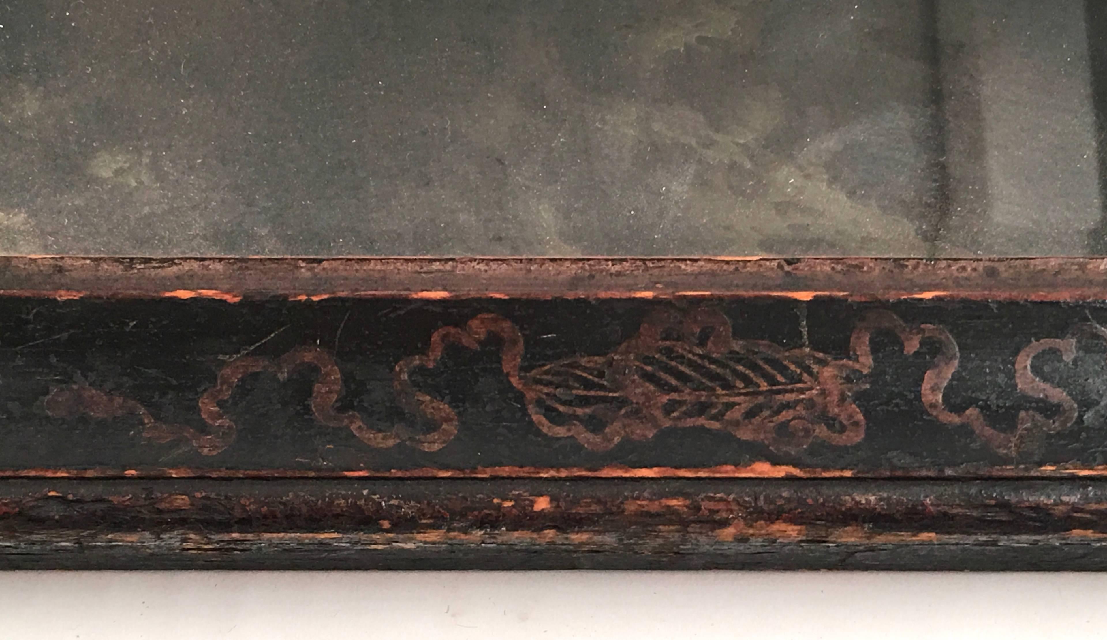 Lacquered Early Queen Anne Black Japanned Chinoiserie Mirror