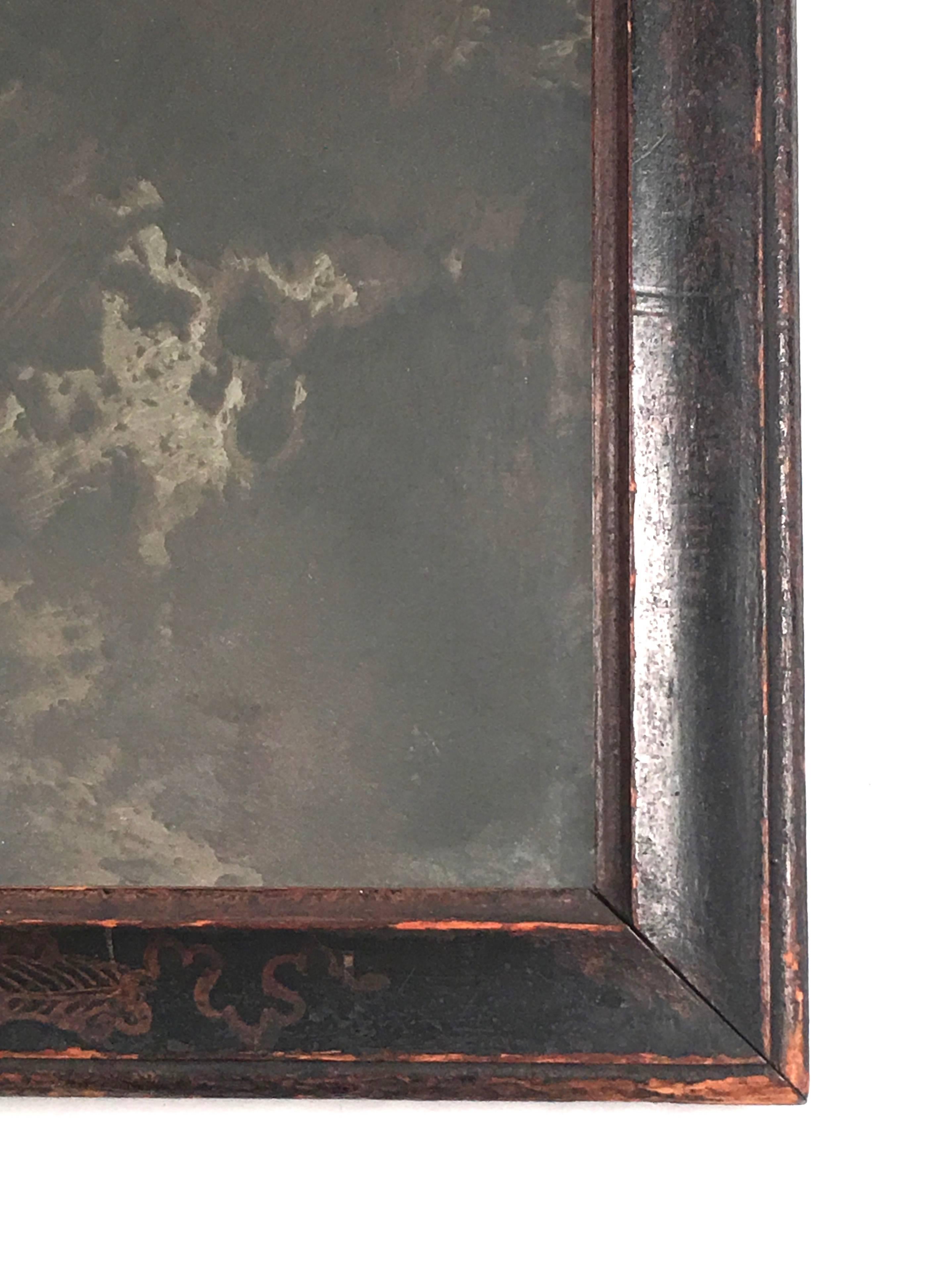 Early Queen Anne Black Japanned Chinoiserie Mirror In Good Condition In Essex, MA