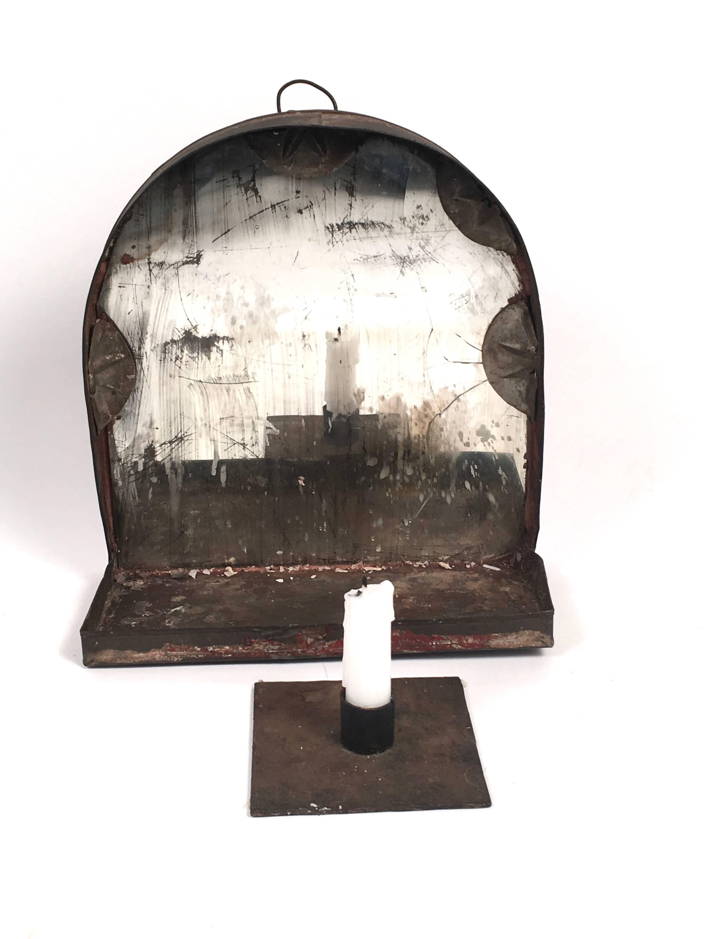 19th Century Early American Country Tin Mirrored Wall Sconce