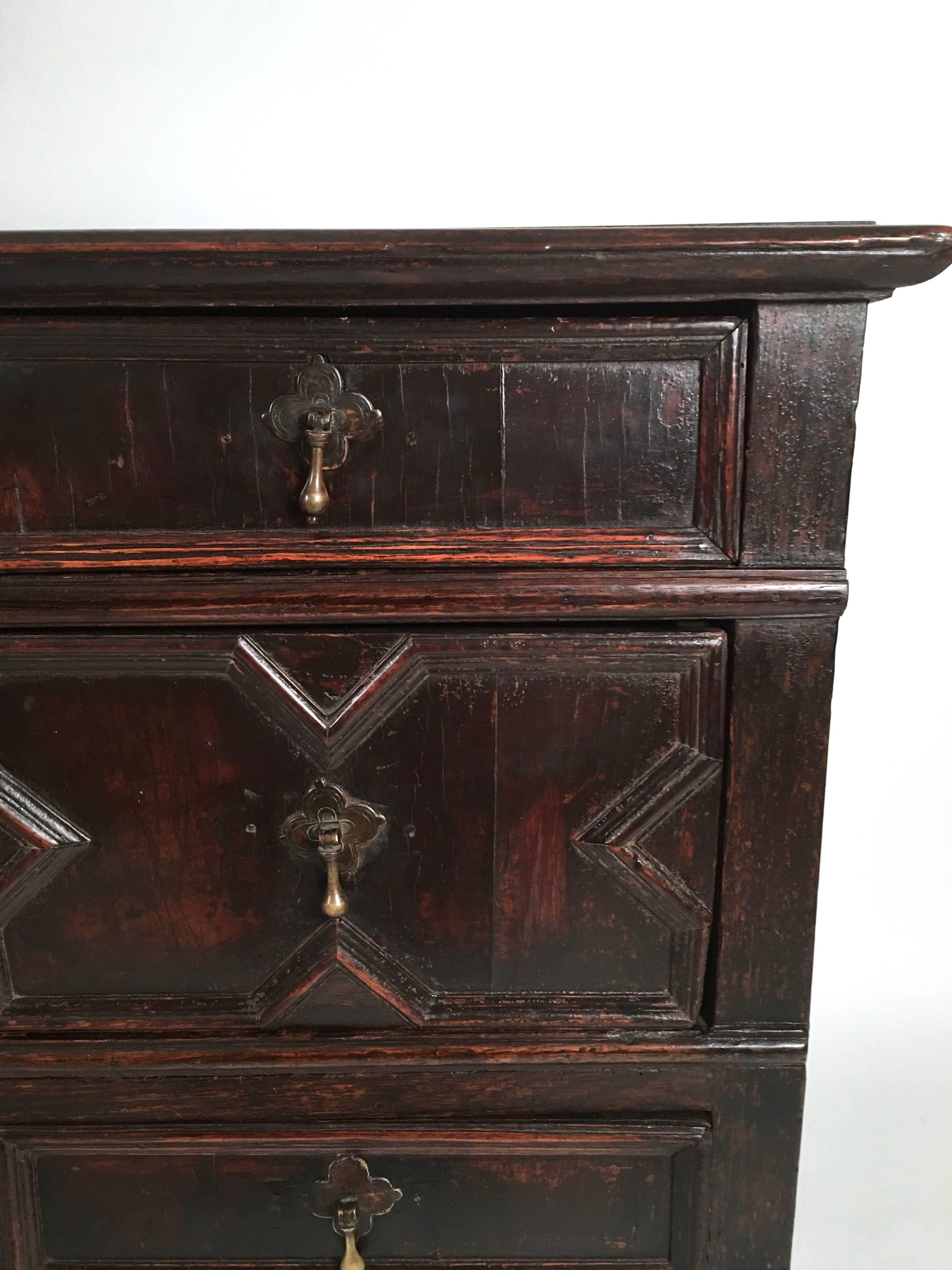 Brass Charles II Carved Oak Chest of Drawers