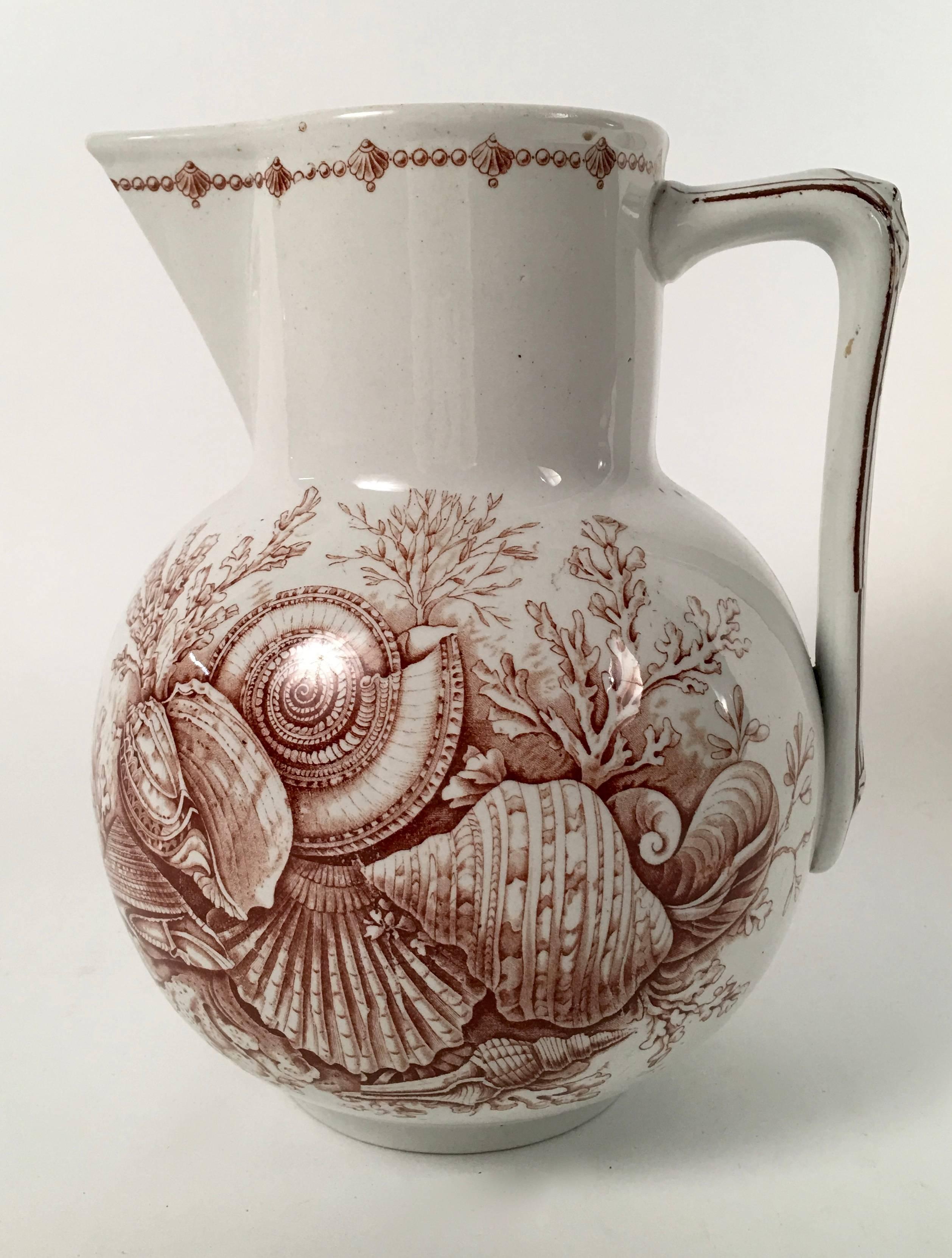 A wonderful 19th century Staffordshire sea shell themed white pottery pitcher, the cylindrical upper section over a globular base, with strap handle, decorated with brown transfer printed sea shells, coral and seaweed on the center of each side and