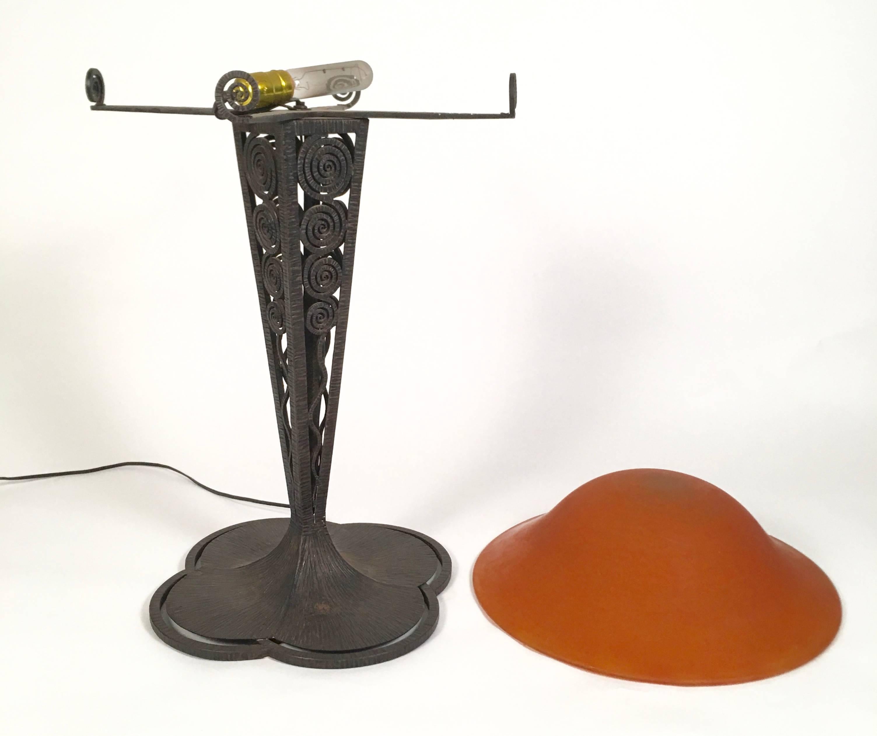 French Art Deco Lamp with Daum Art Glass Shade and Wrought Iron Base 1