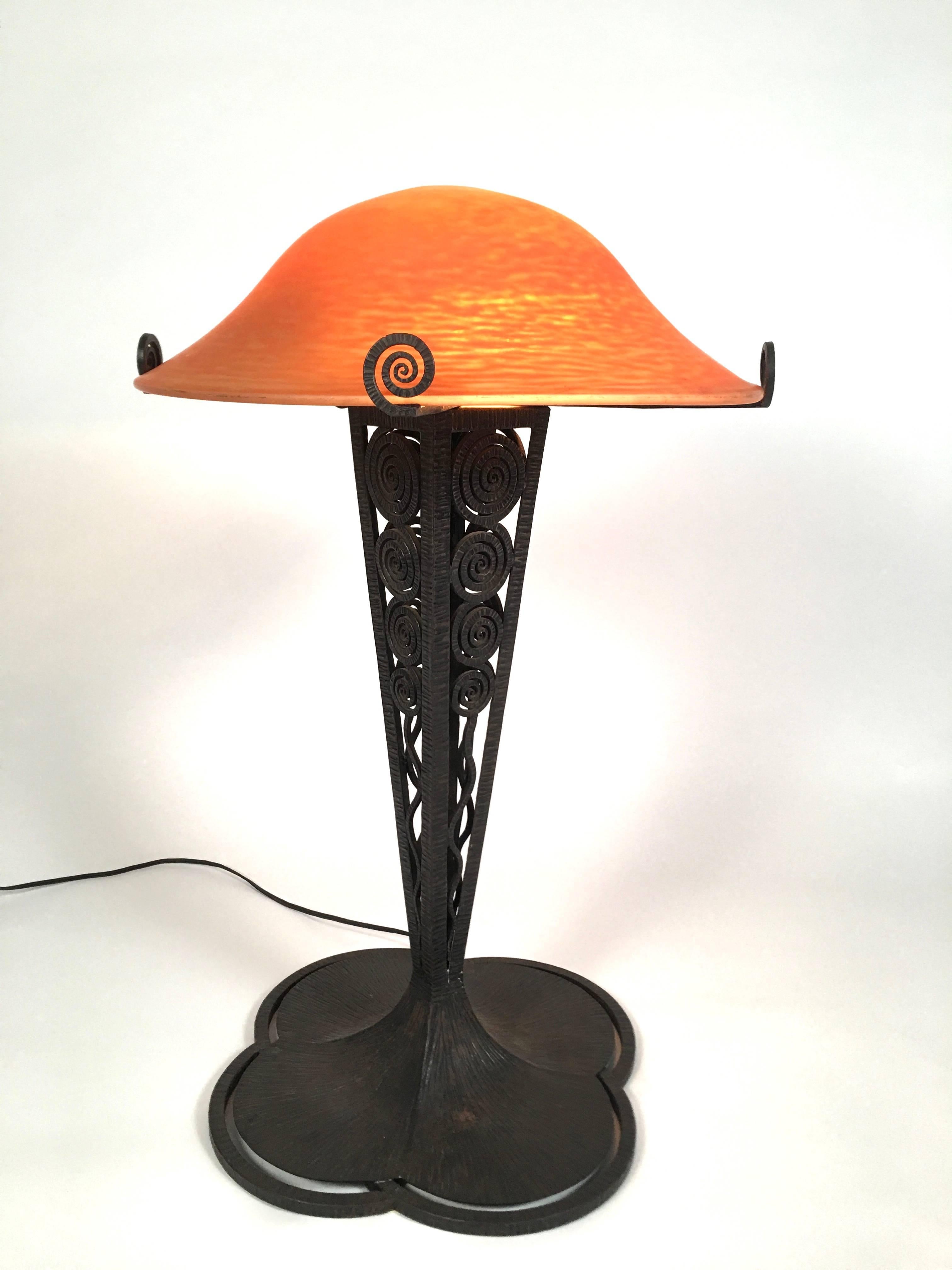 French Art Deco Lamp with Daum Art Glass Shade and Wrought Iron Base 2