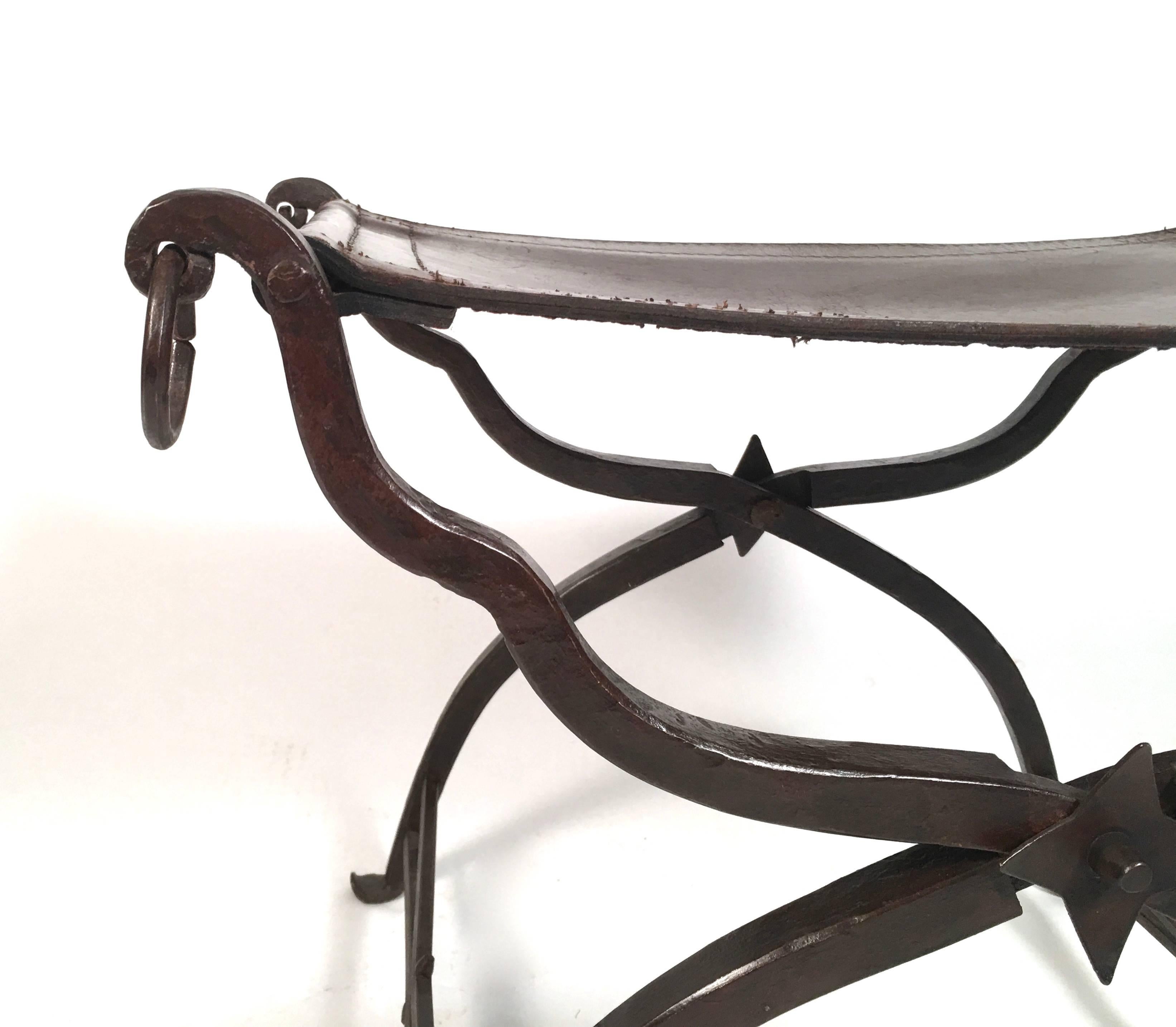 Matched Pair of Leather and Iron Morgan Colt Stools or Benches In Good Condition In Essex, MA