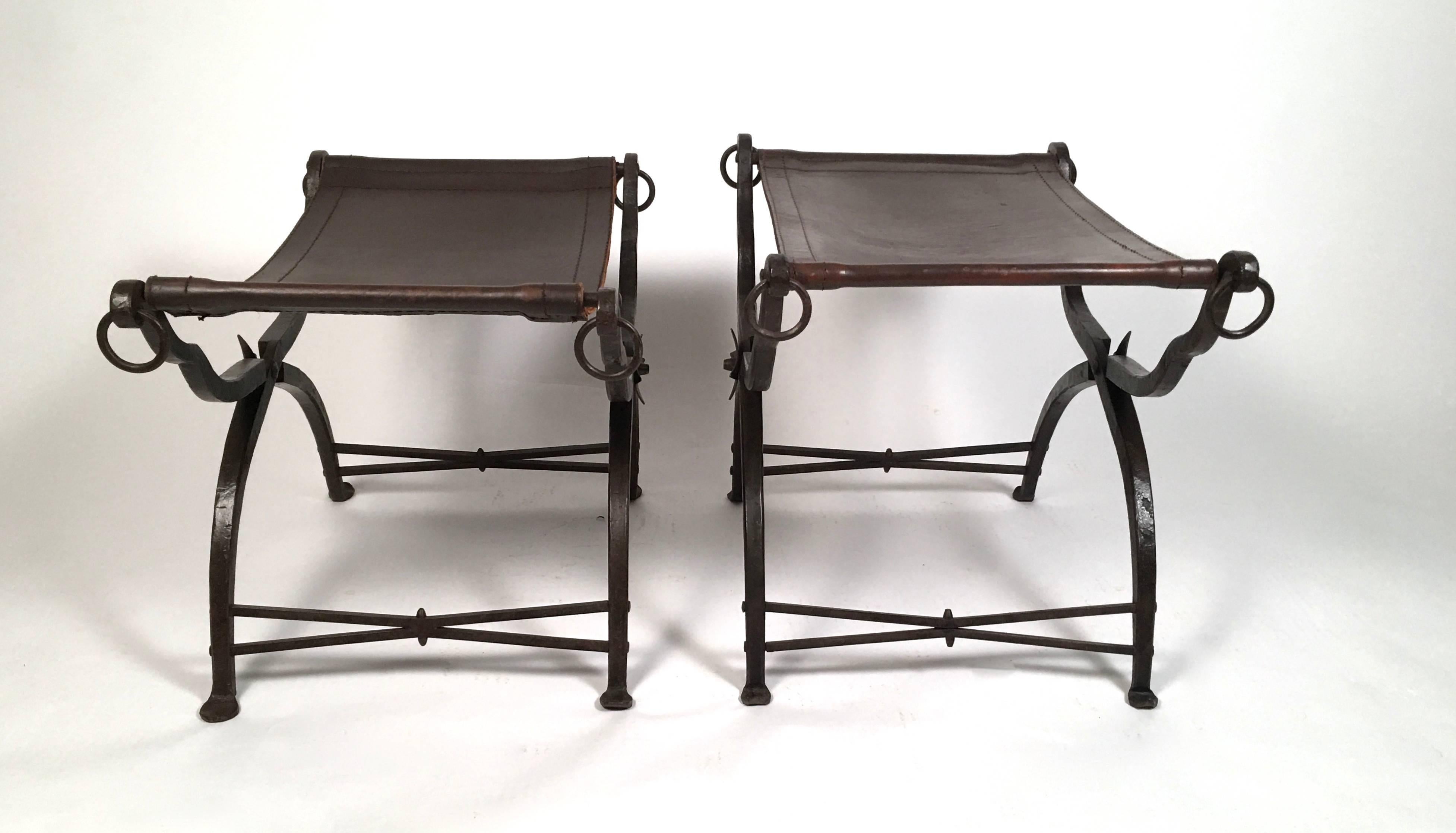 Arts and Crafts Matched Pair of Leather and Iron Morgan Colt Stools or Benches