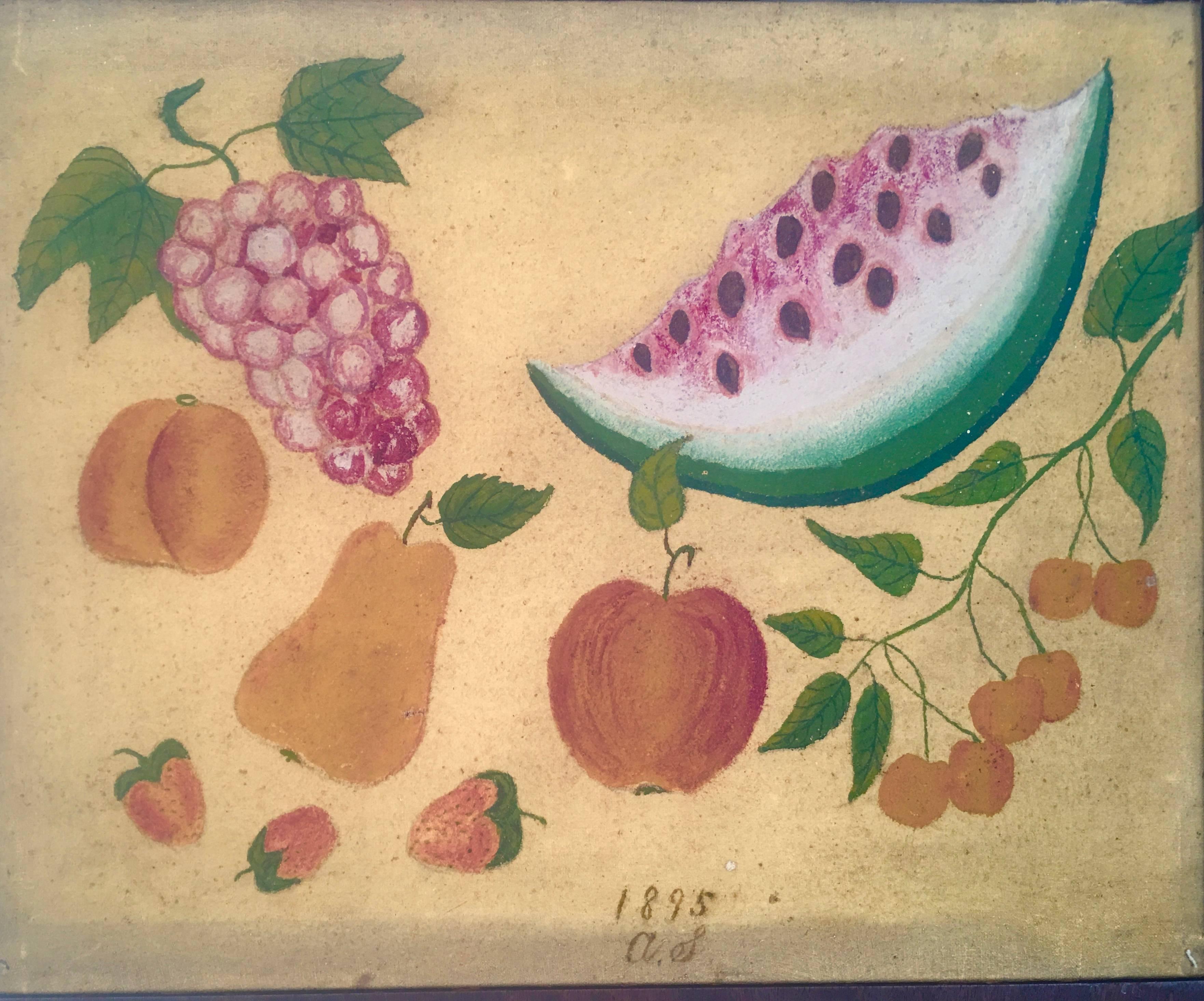 An American Folk Art still life painting, or theorem, of fruit, oil on canvas, signed in script A.S. 1895, depicting a free floating large slice of watermelon, grapes, a peach, pear, apple, three strawberries, and cherries on a branch, on a mustard