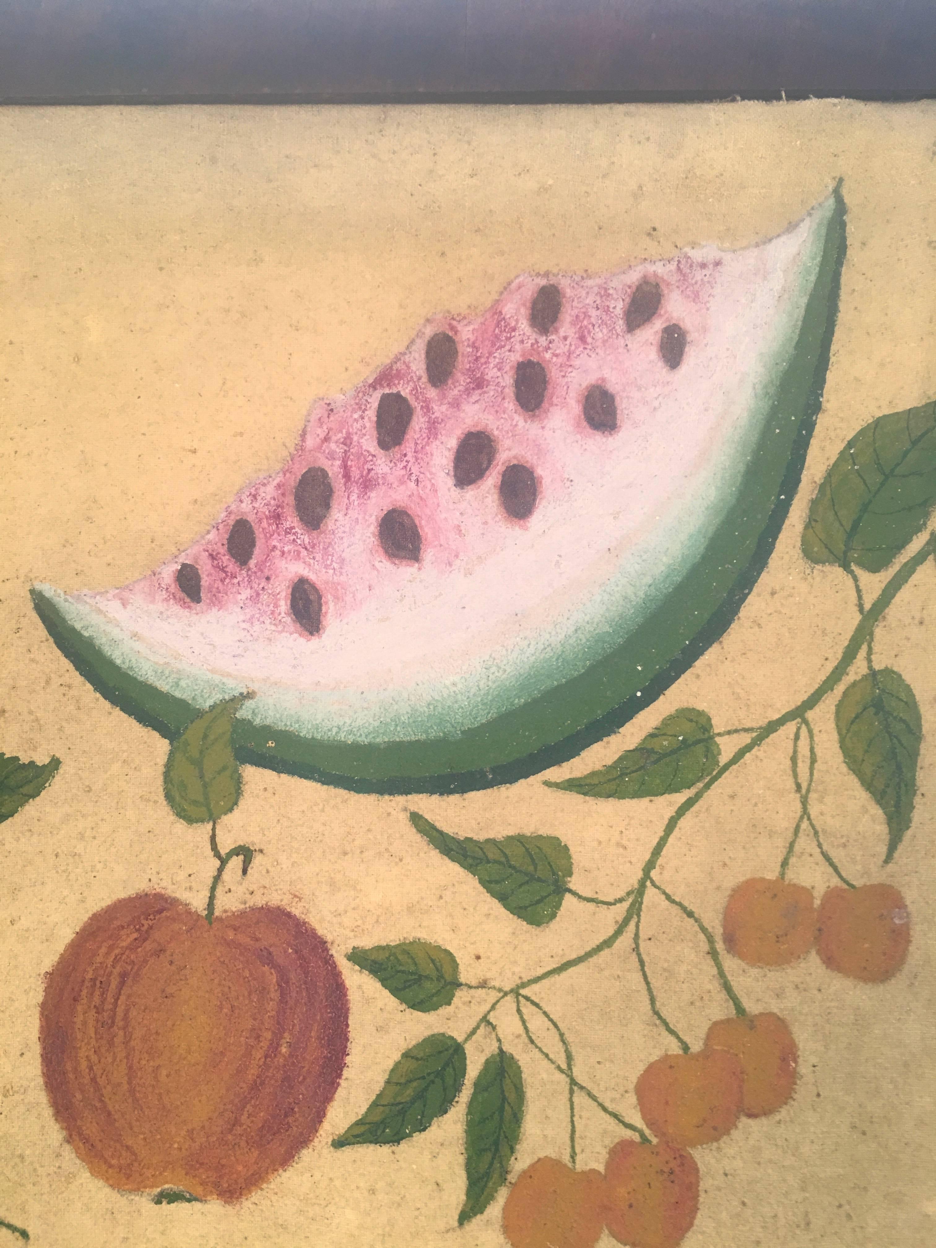 Hand-Painted American Folk Art Fruit Still Life Theorem Painting, circa 1895