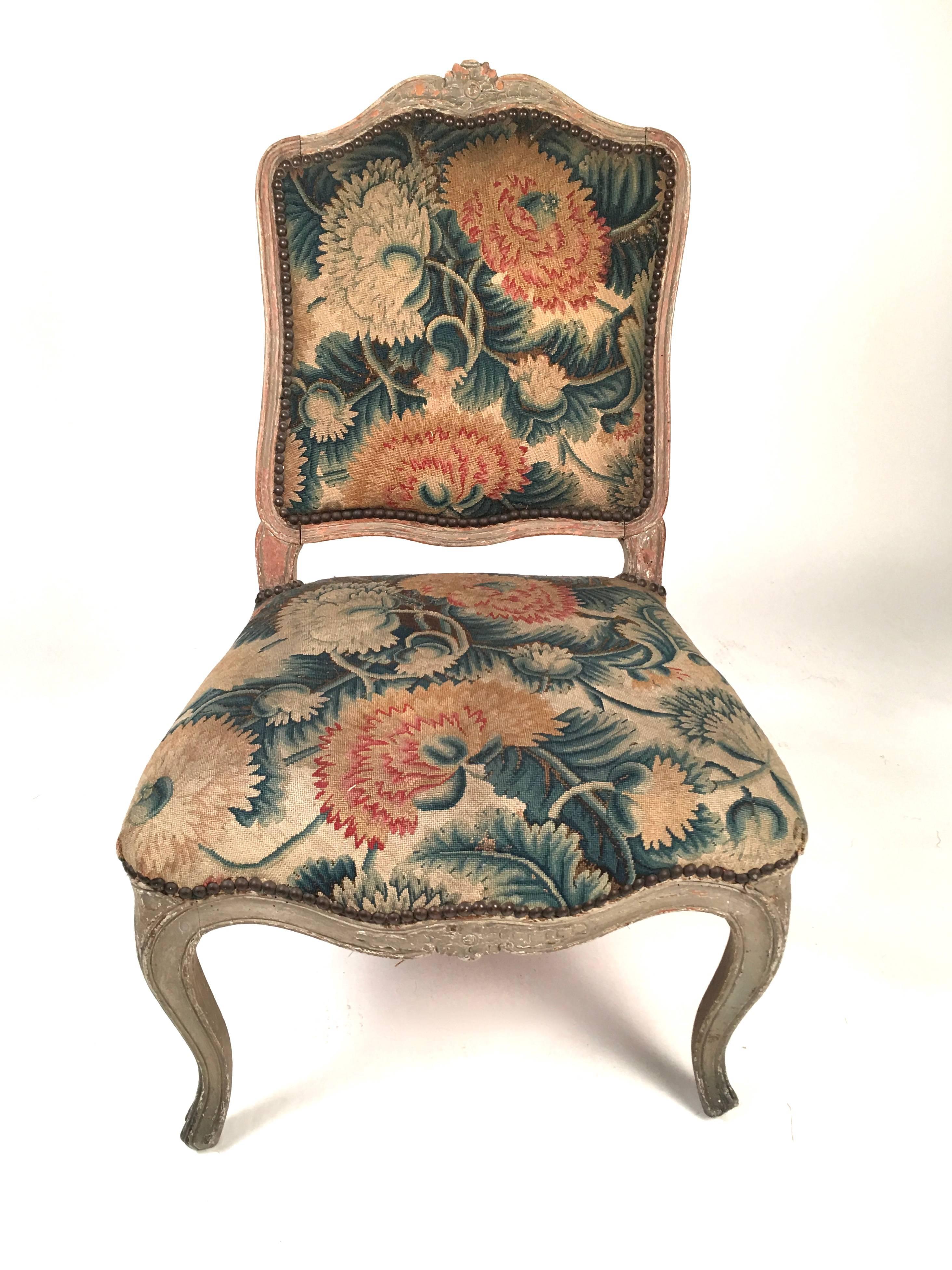 Carved Set of Four French Louis XV Chairs with Period Floral Needlework Upholstery