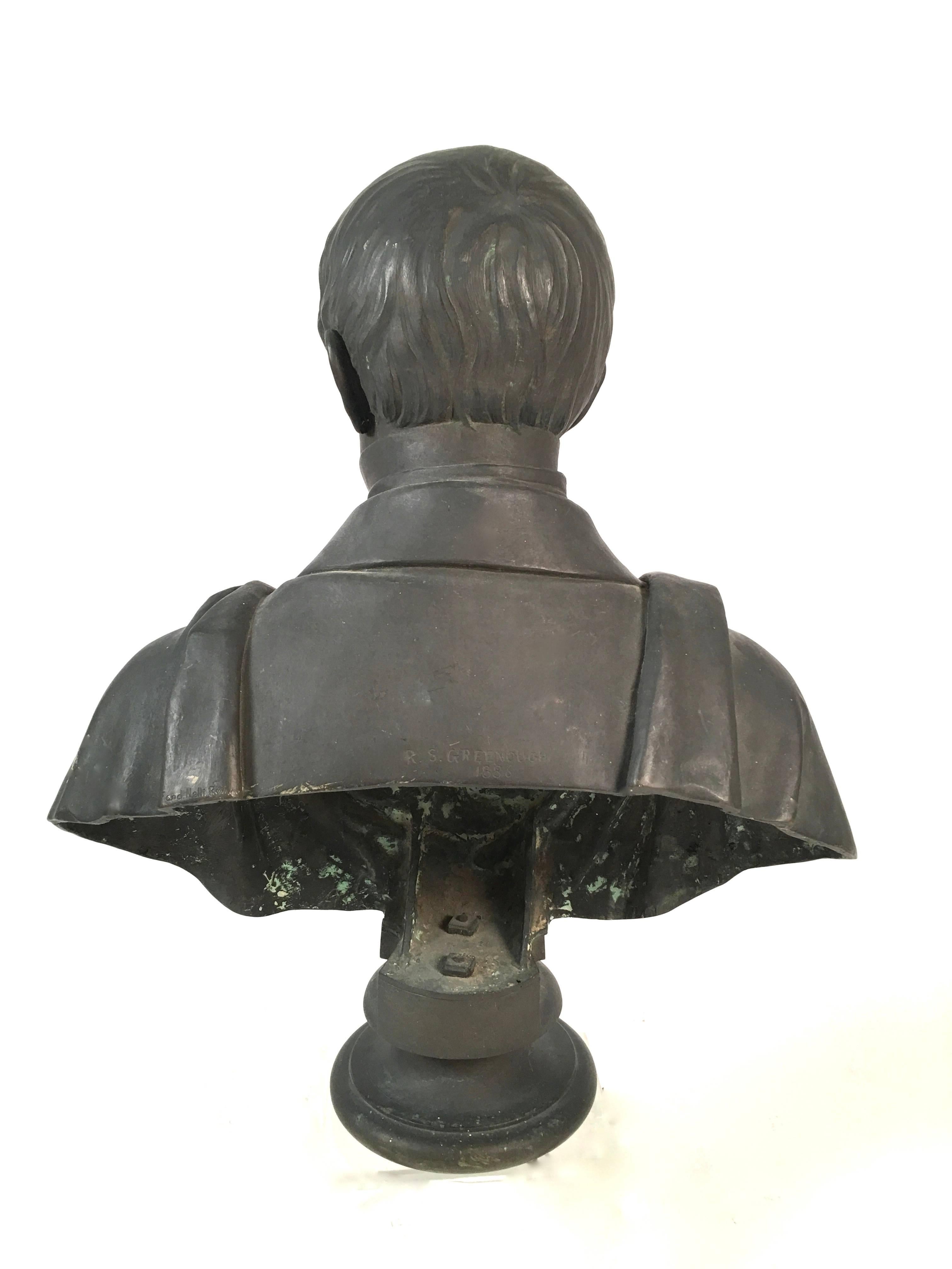 A 19th century neoclassical bronze portrait bust of Theodore Lyman (1833-1897), a prominent Bostonian natural scientist, Lieutenant Colonel during the Civil War and United States Representative from Massachusetts, by sculptor Richard Saltonstall