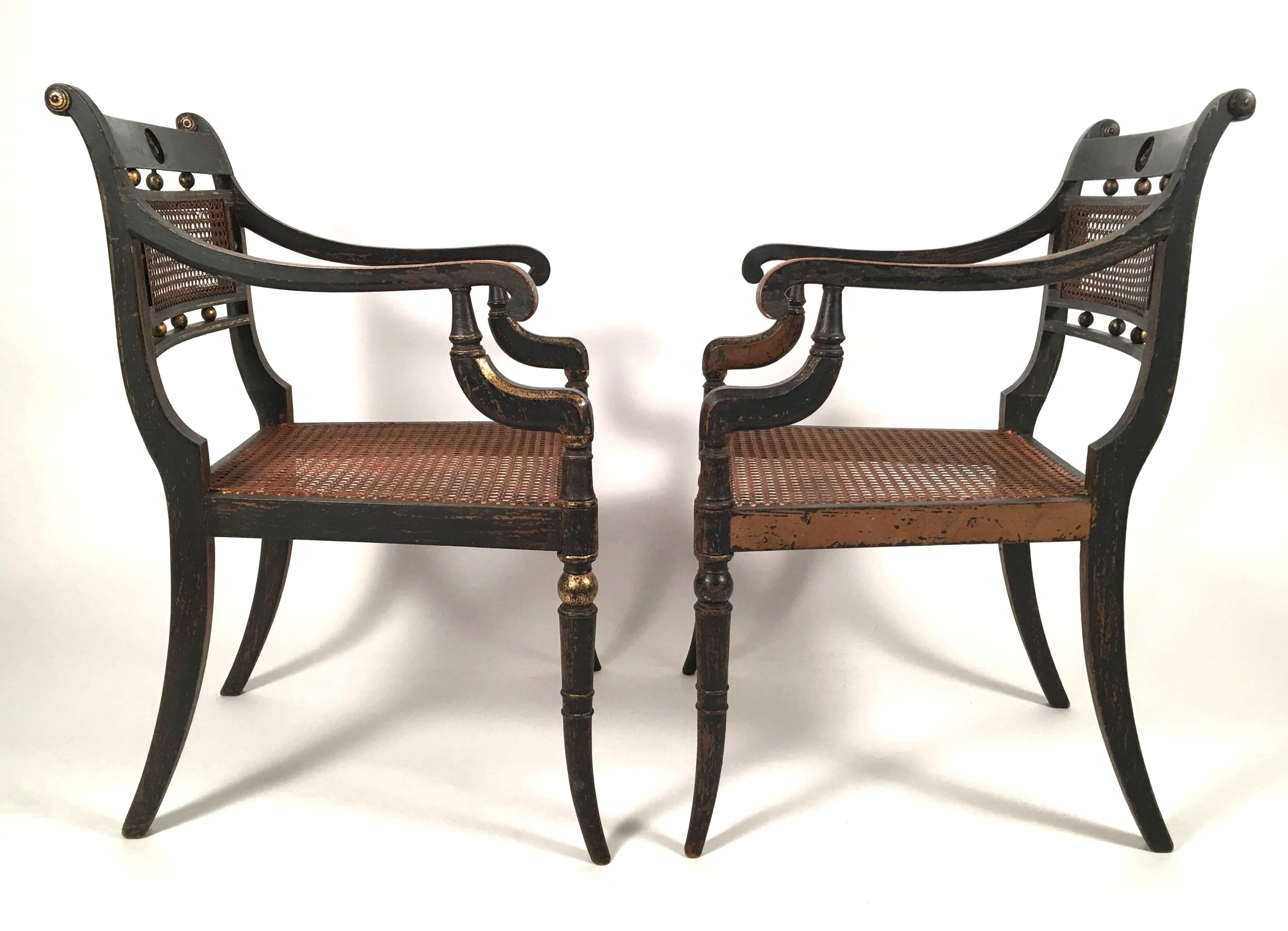 Carved Pair of English Regency Period Neoclassical Armchairs