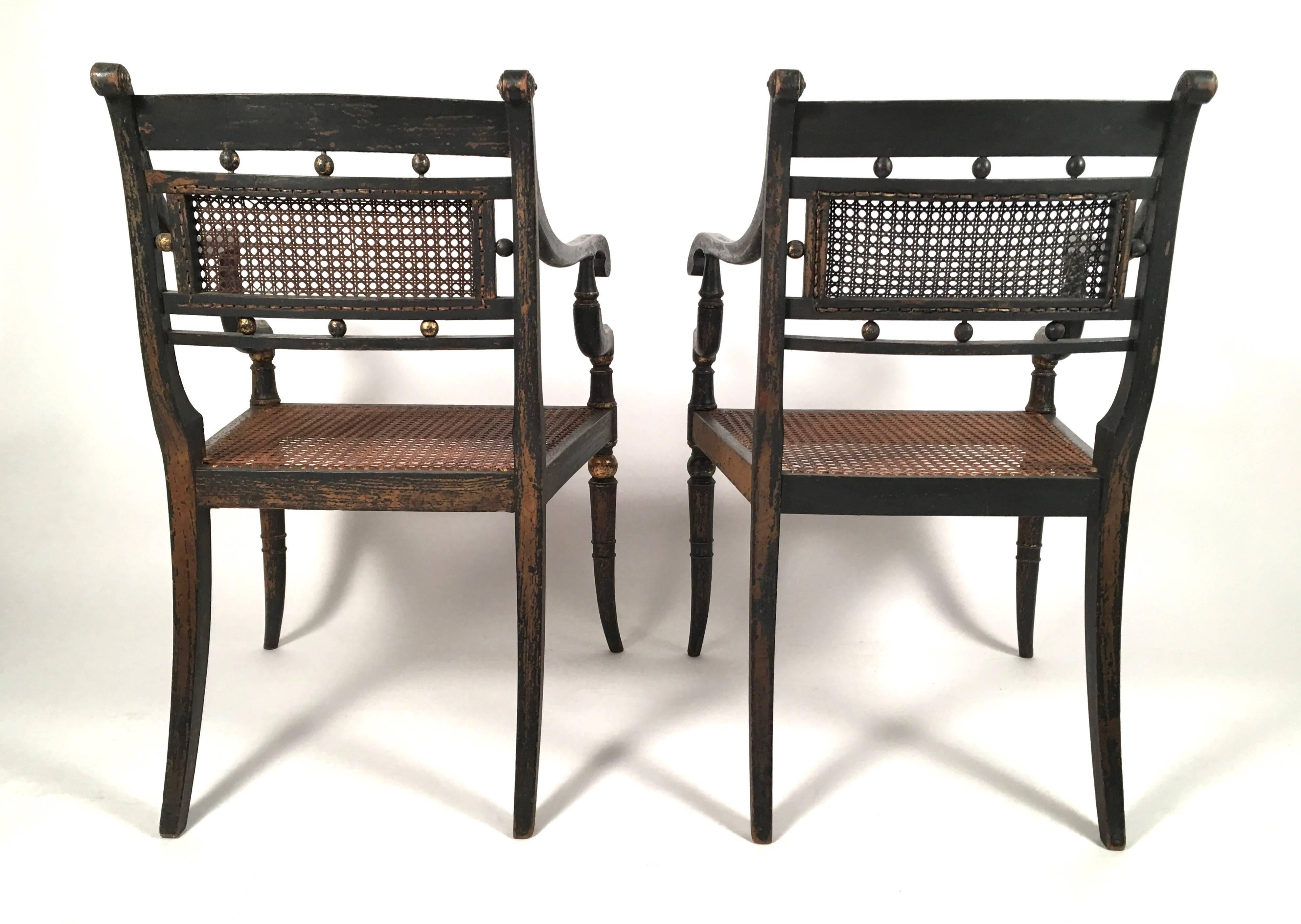 Early 19th Century Pair of English Regency Period Neoclassical Armchairs