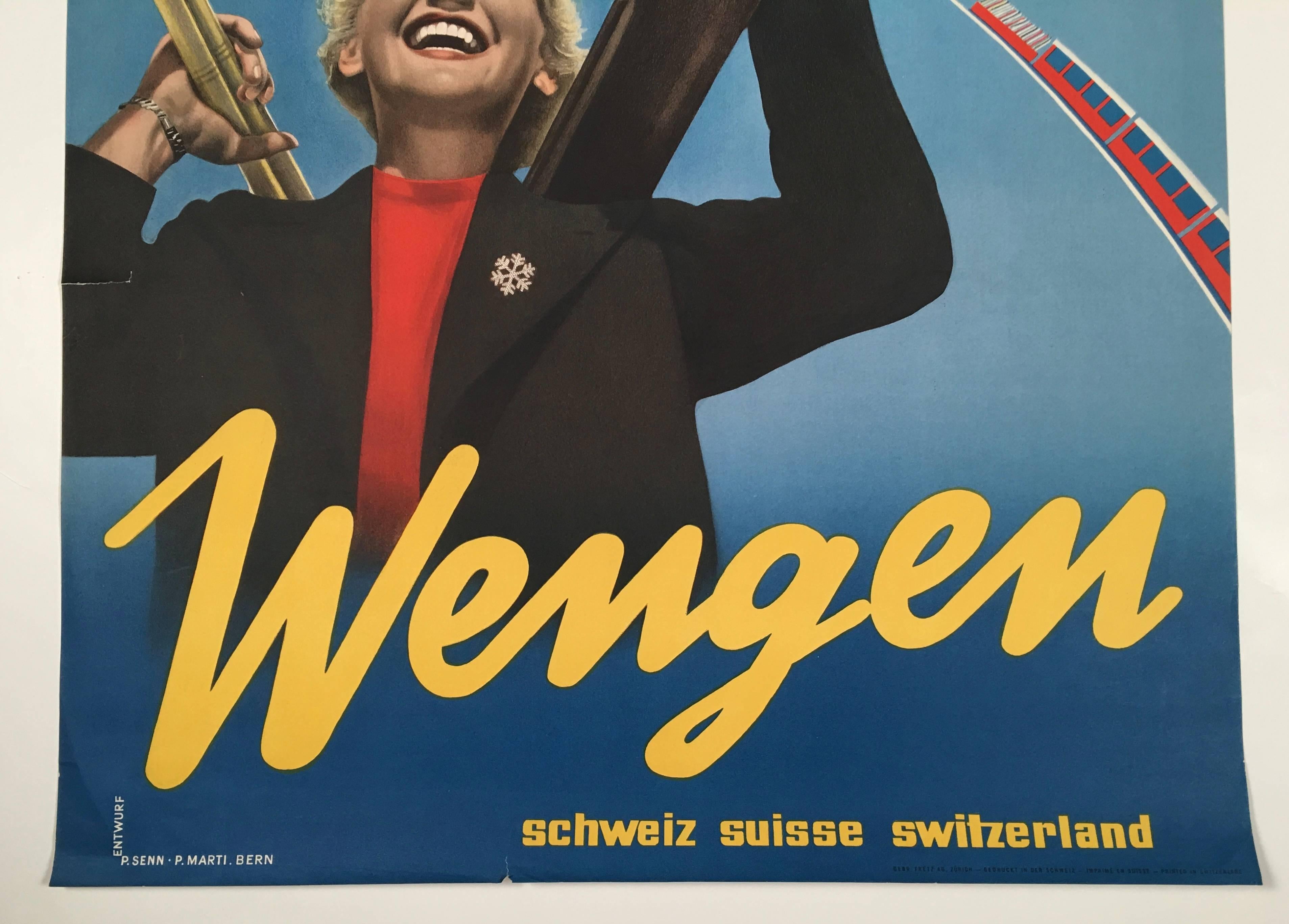 Wengen Swiss Ski Poster by P. Senn and P. Marti In Good Condition For Sale In Essex, MA