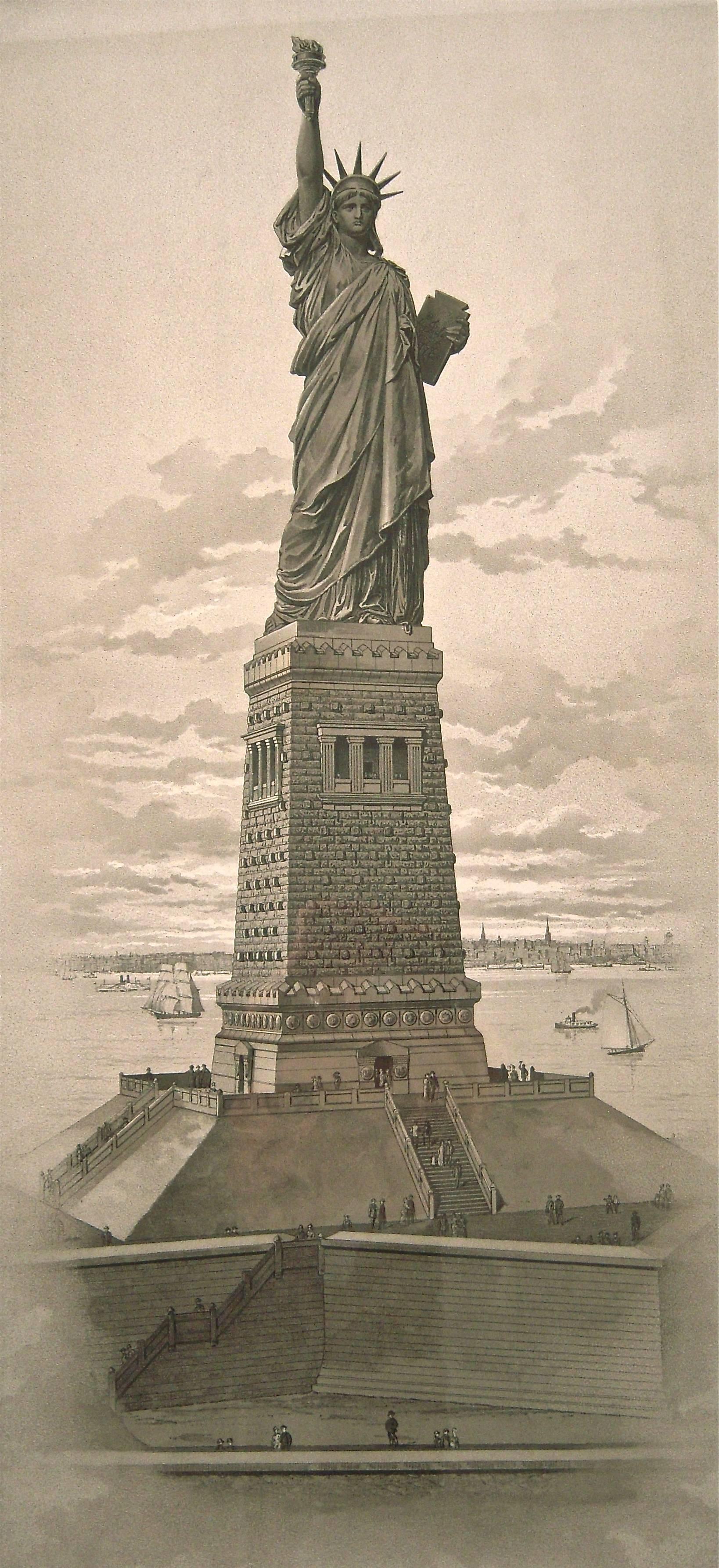 A lithograph print of the Statue of Liberty by Root and Tinker, circa 1883, newly, archivally matted and framed in a silver and black frame.
Root & Tinker generally employed Buek & Lindner, 65 Warren Street, New York, as the lithographer of its