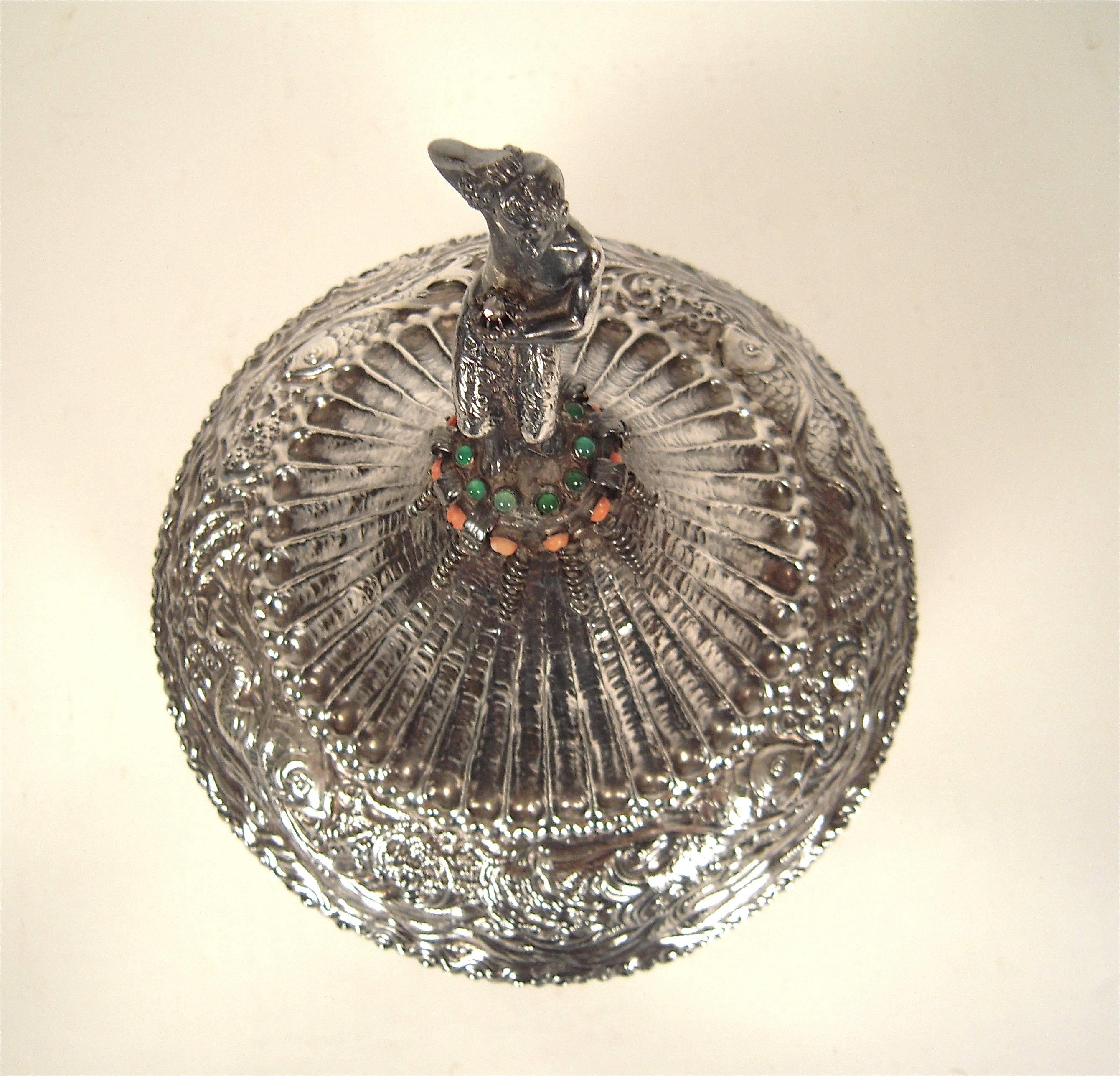 Repoussé Rare and Unusual Bejeweled Hungarian Silver Tureen, circa 1924