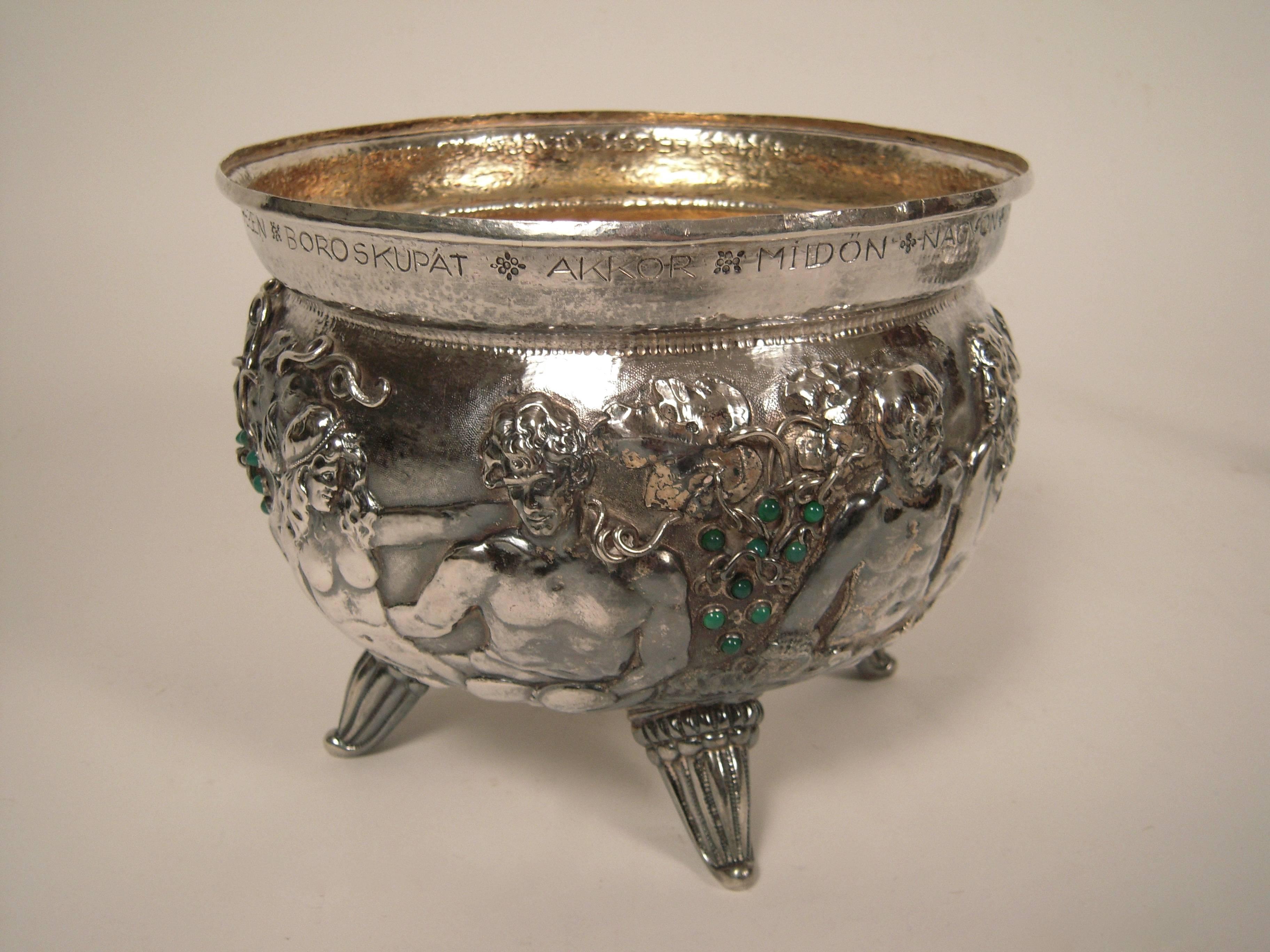 An unusual and beautifully hand made Hungarian bejeweled silver tureen, with Bacchanalian wine and fertility themes, made by a goldsmith and dedicated to his professor, the conical cover with a finial in the form of a satyr holding a chalice with an