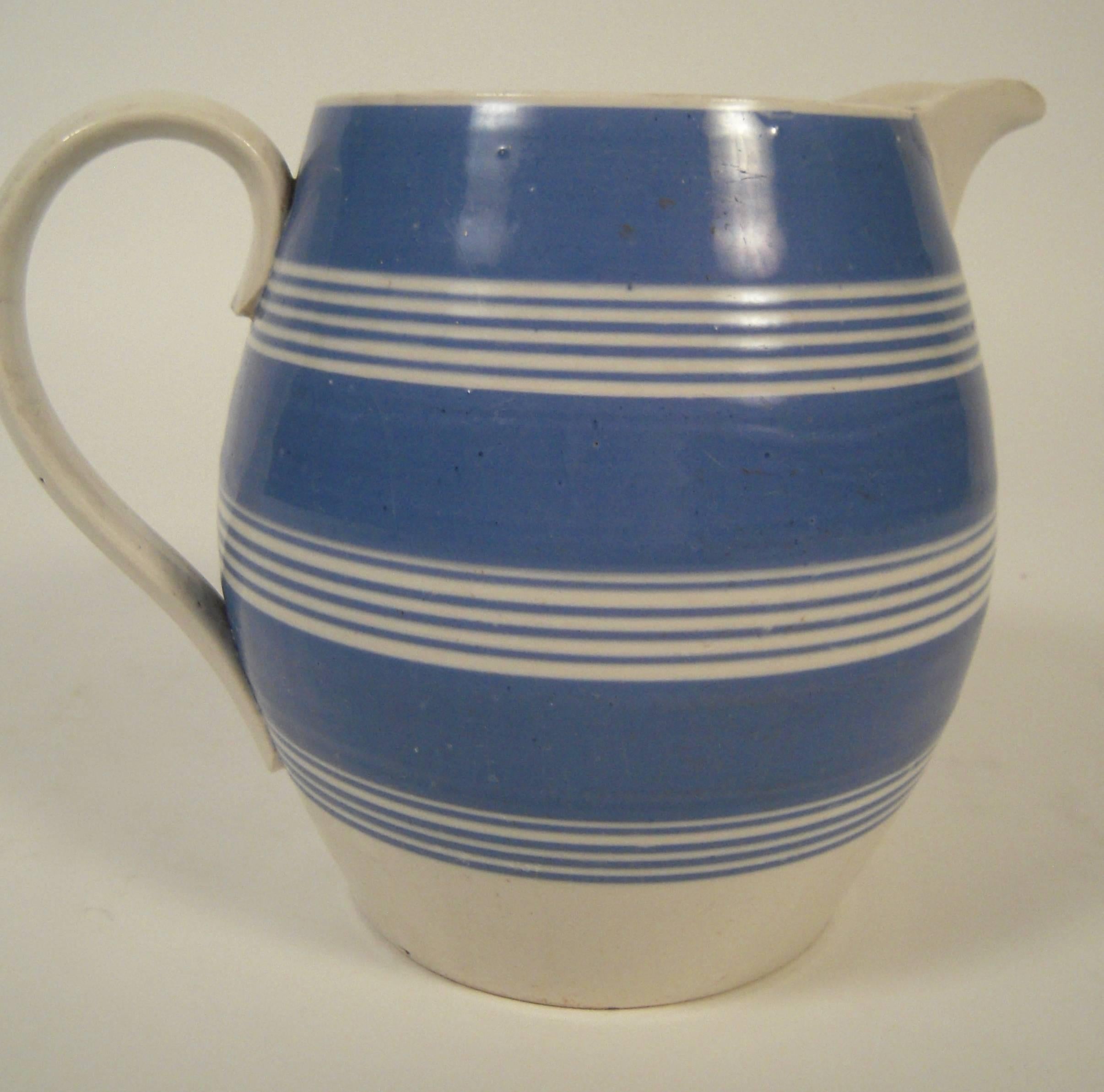 Great Britain (UK) Large Blue and White Striped Mochaware Pitcher
