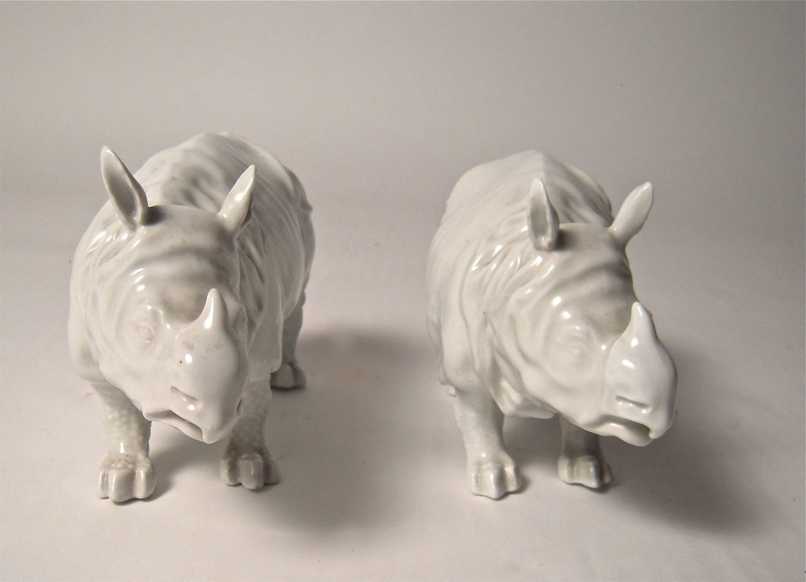 Pair of White Porcelain Rhinoceroses In Good Condition In Essex, MA