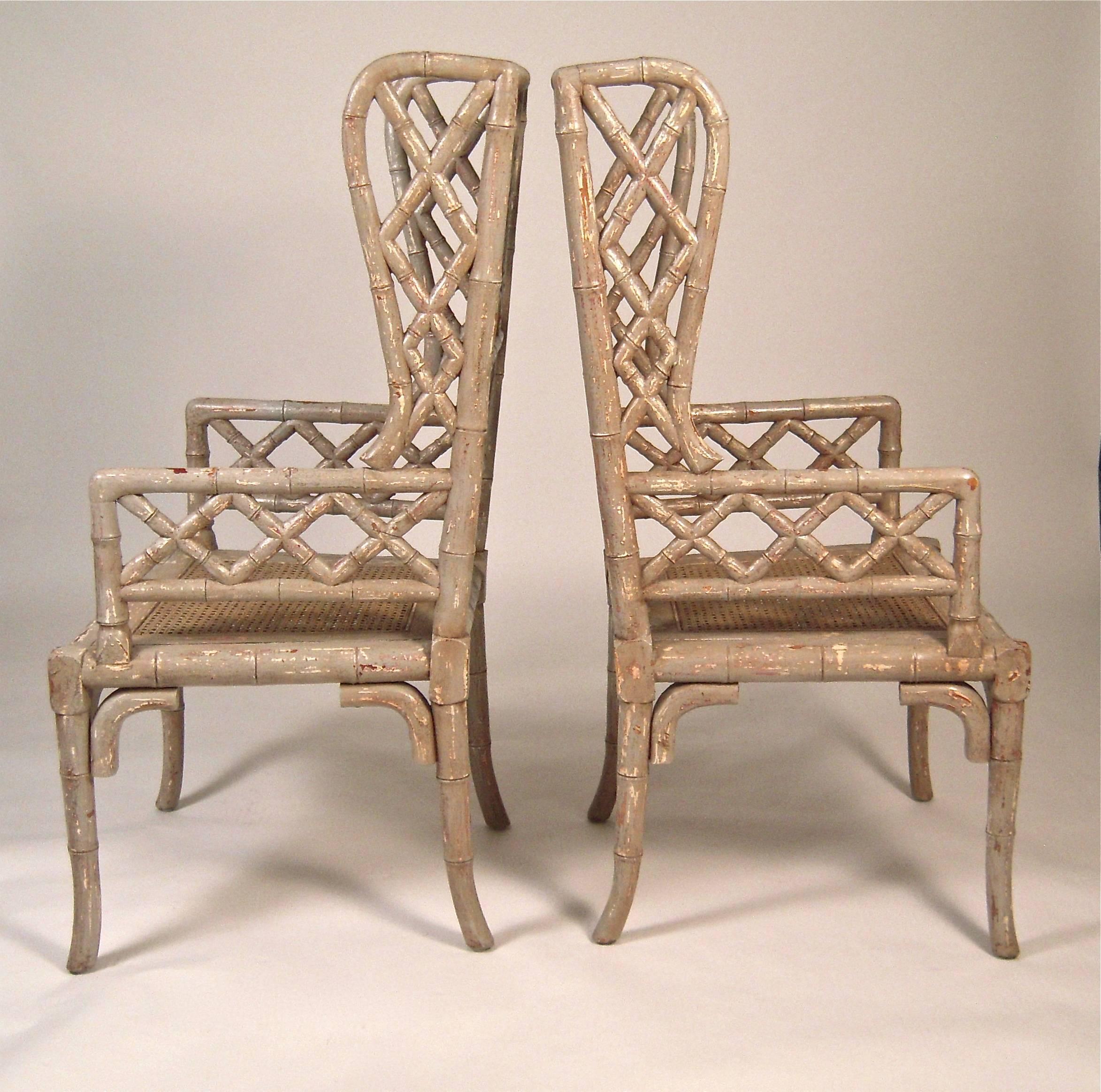 Pair of Chinoiserie Faux Bamboo Wing Chairs In Excellent Condition In Essex, MA