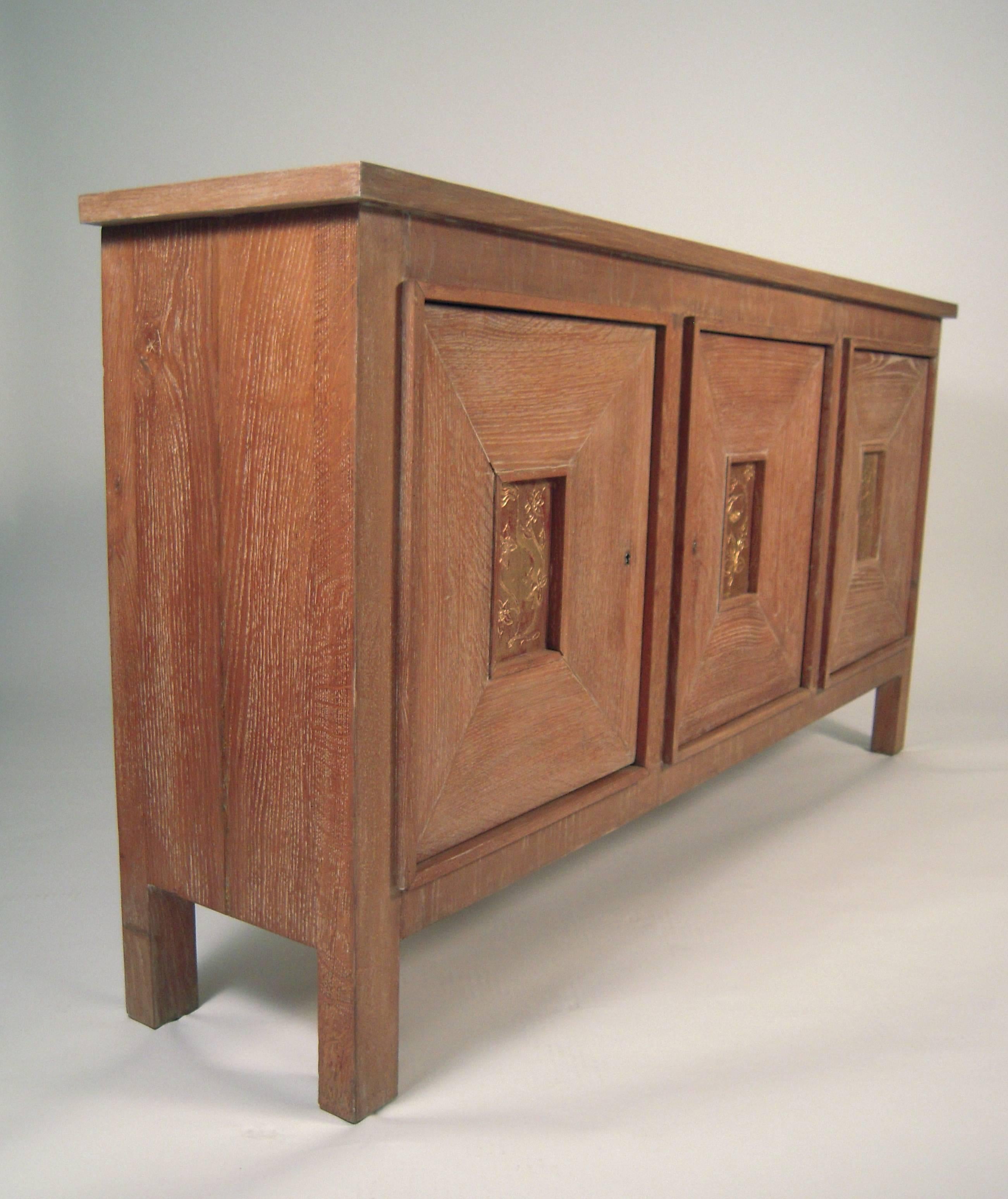 Art Deco French Cerused Oak Credenza with Gilded Panels