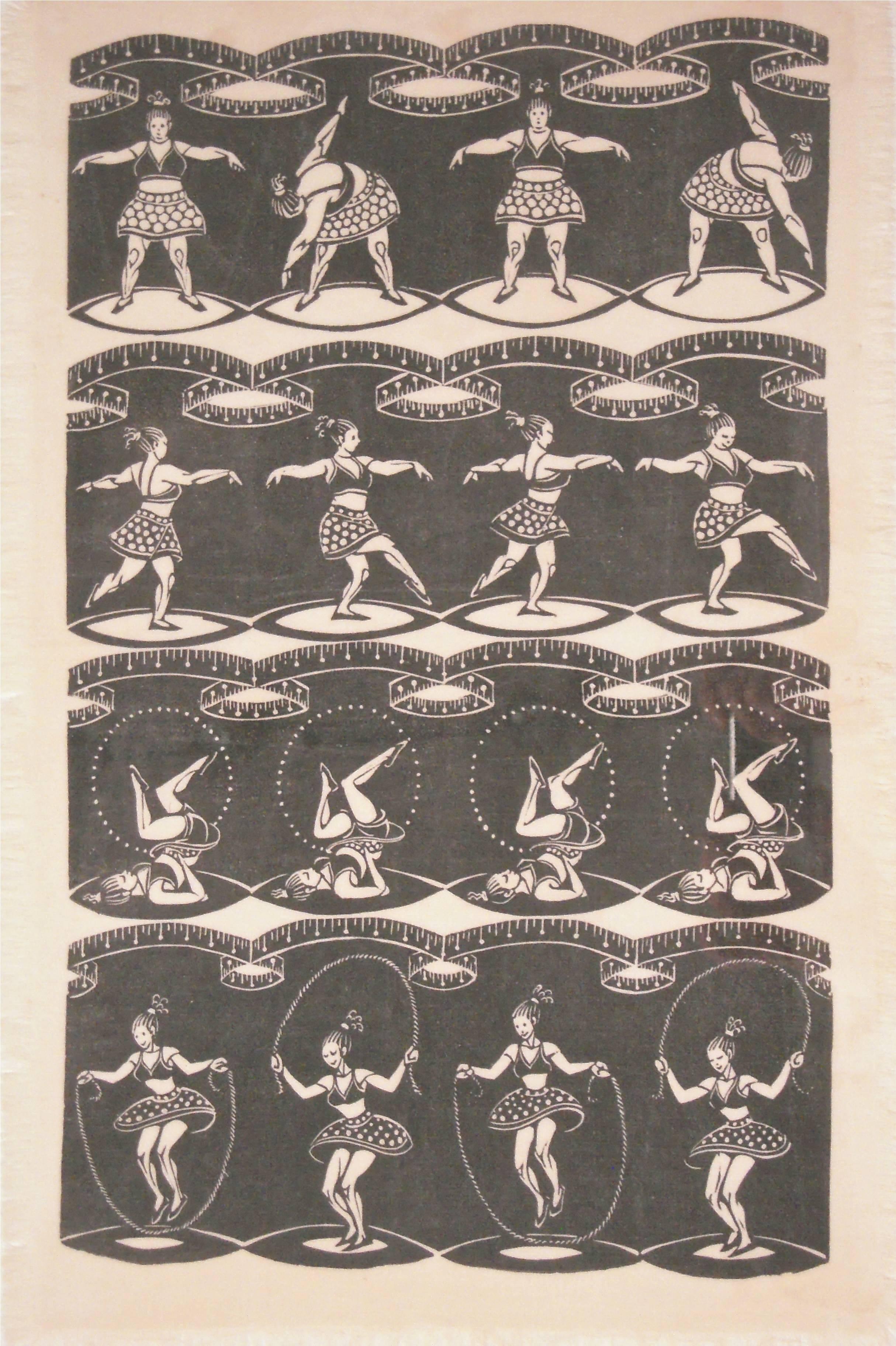 A rare, original Folly Cove Designers hand block printed textile in the 'Reducing' pattern by Virginia Lee (Burton) Demetrios, showing a woman exercising and gradually losing weight.

New museum quality framing, invisibly sewn on linen with UV
