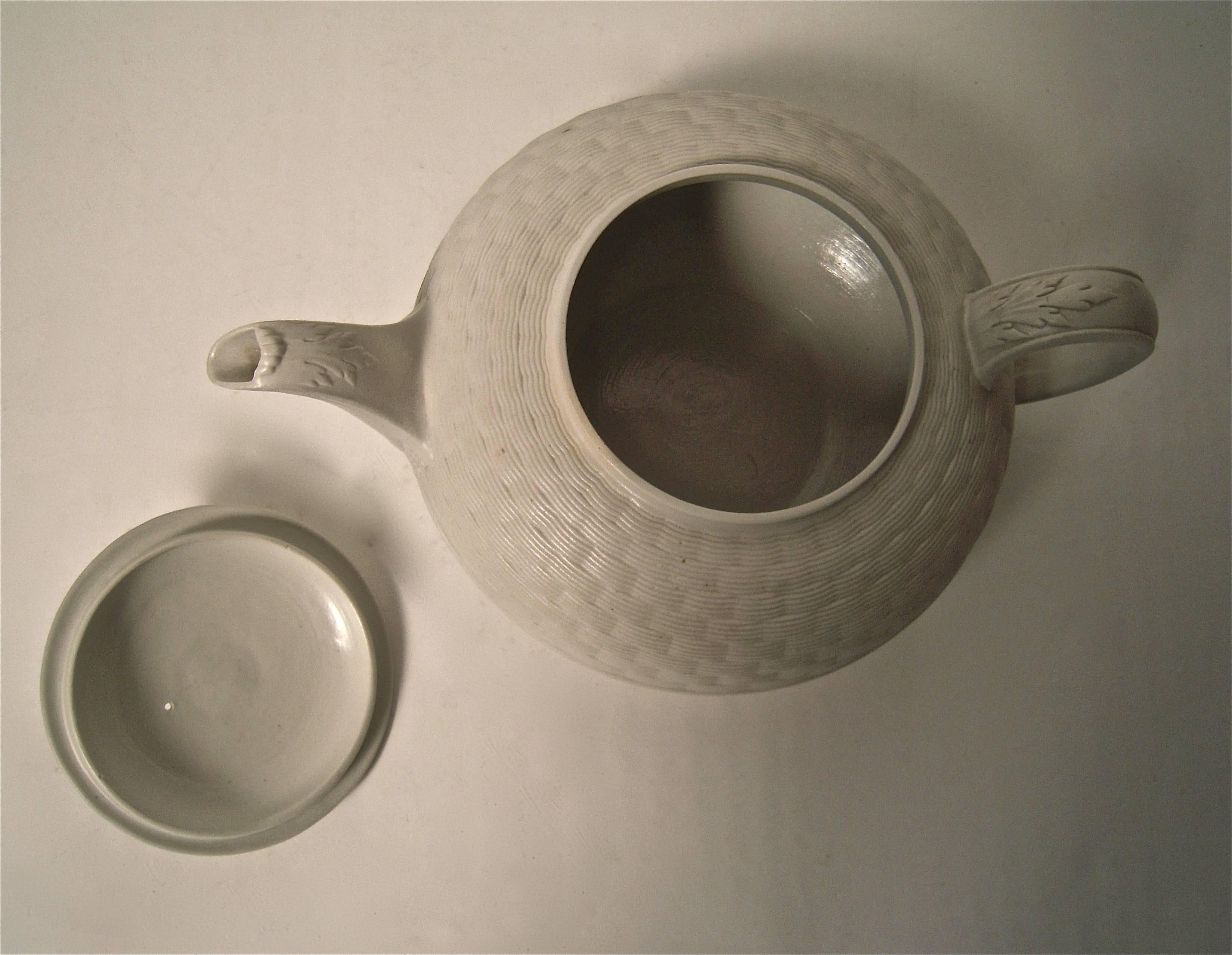 English Wedgwood 19th Century Basket Weave Stoneware Tea Pot with Sheaf of Wheat Finial