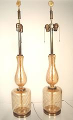 Large Elegant Pair of Venetian Gold and Clear Blown Glass Lamps