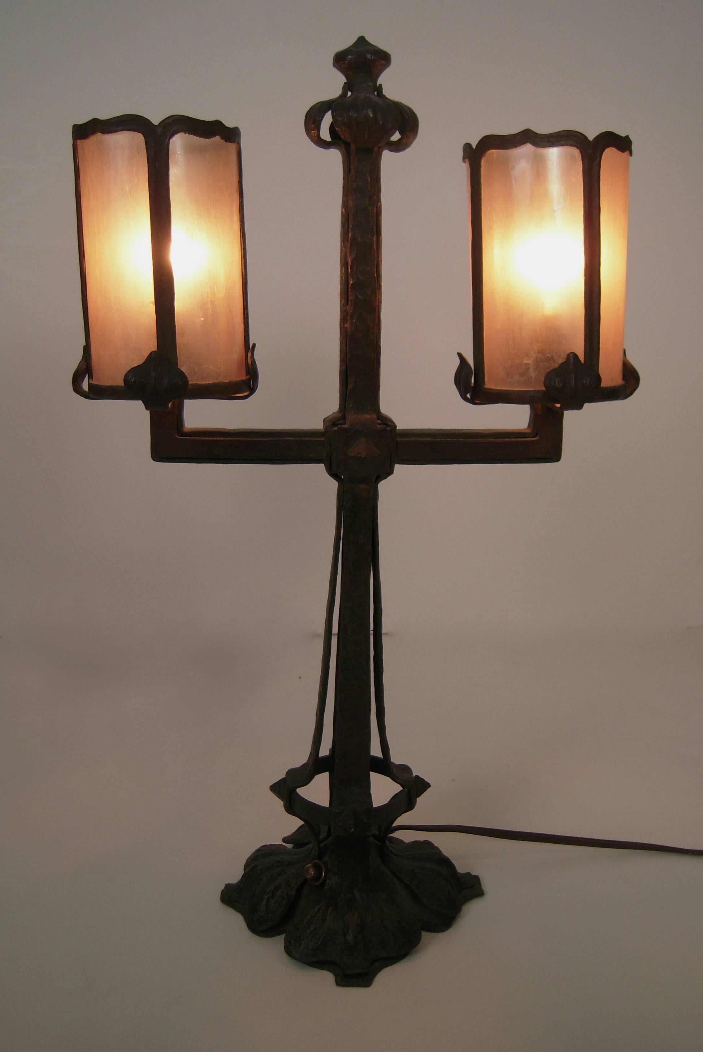 Arts and Crafts Period Wrought Iron and Mica Lamp 4