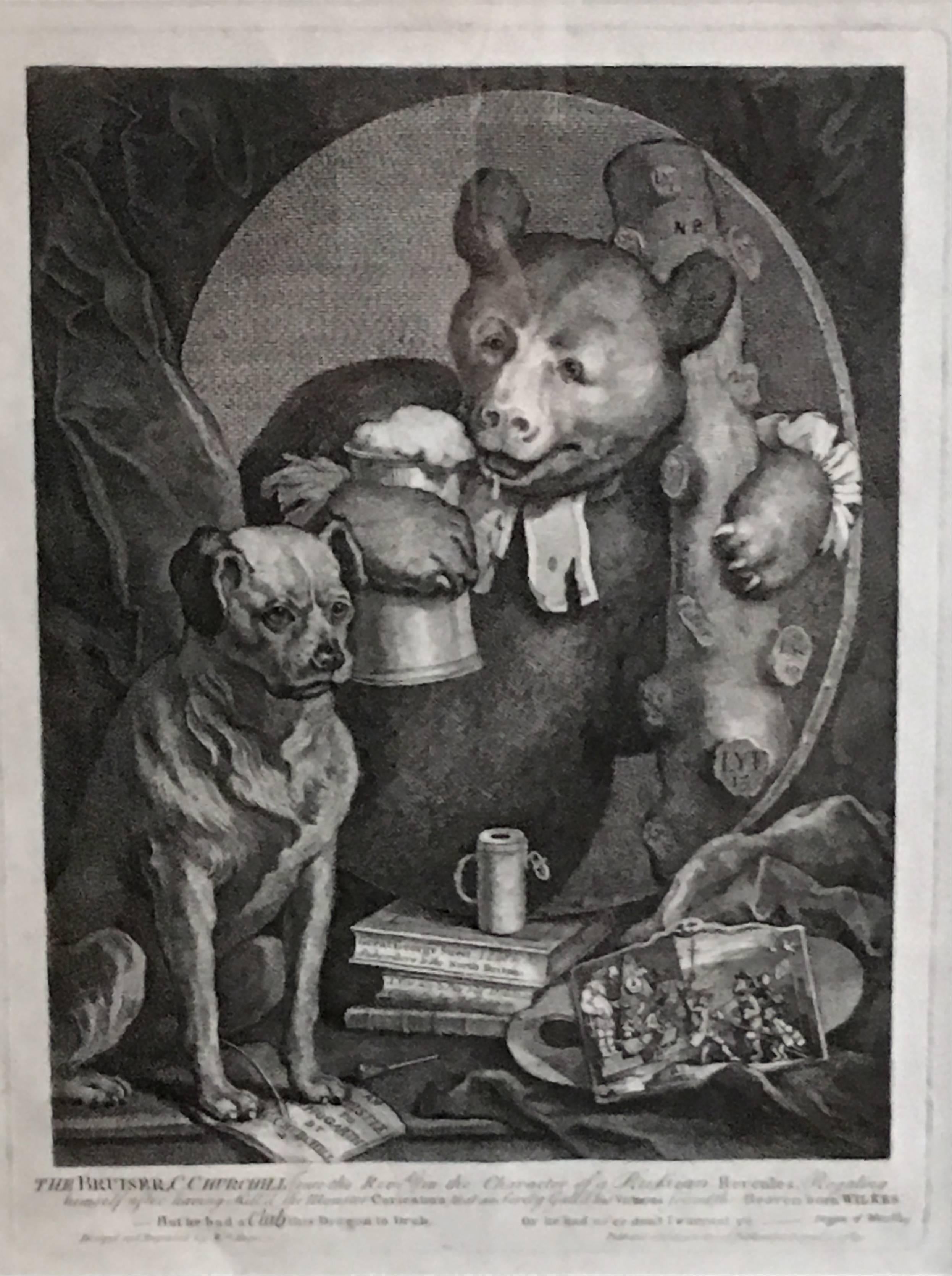 An engraving by William Hogarth entitled The Bruiser, English, depicting a bear with a mug of beer and dog, a theatrical vignette and books, all of which represent a satirical portrait of the poet Charles Churchill in the character of a Russian