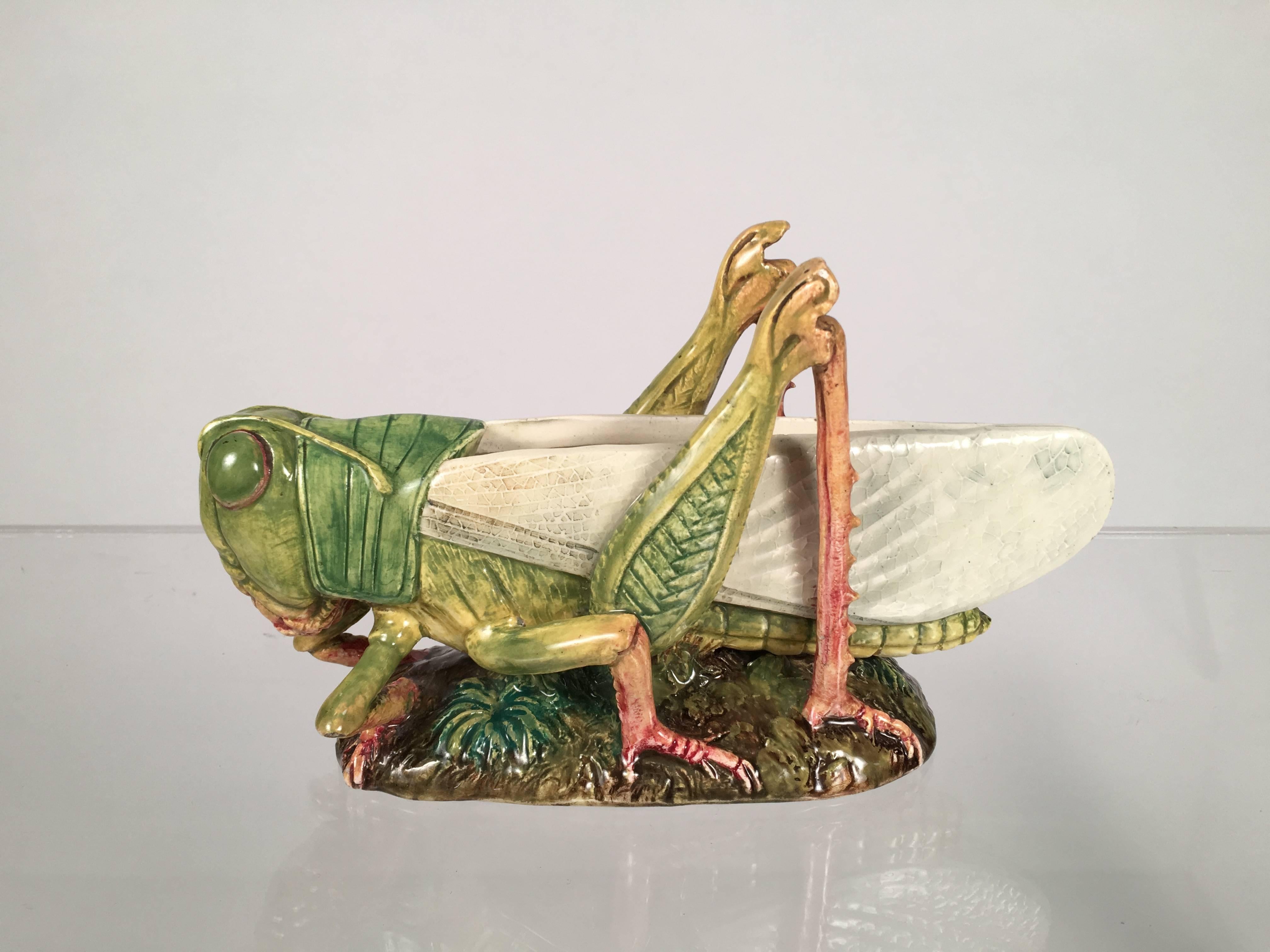 Glazed French Majolica Vase Modeled as a Grasshopper