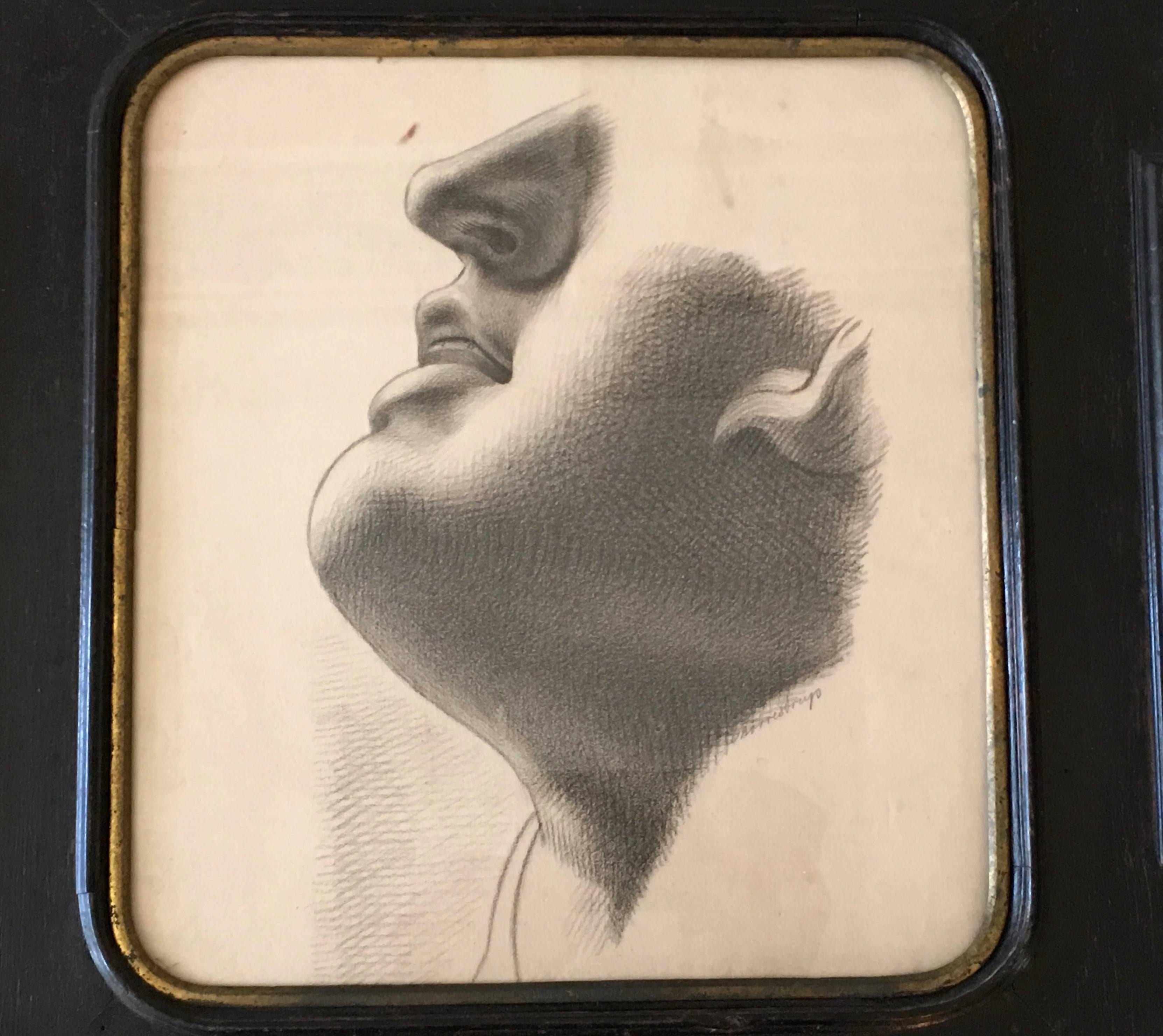 A beautifully rendered European, probably Danish, academic neoclassical charcoal drawing, of a face, likely a study of classical sculpture in its original fine quality ebonized wood frame with gilded fillet and original glass. Signed. 
