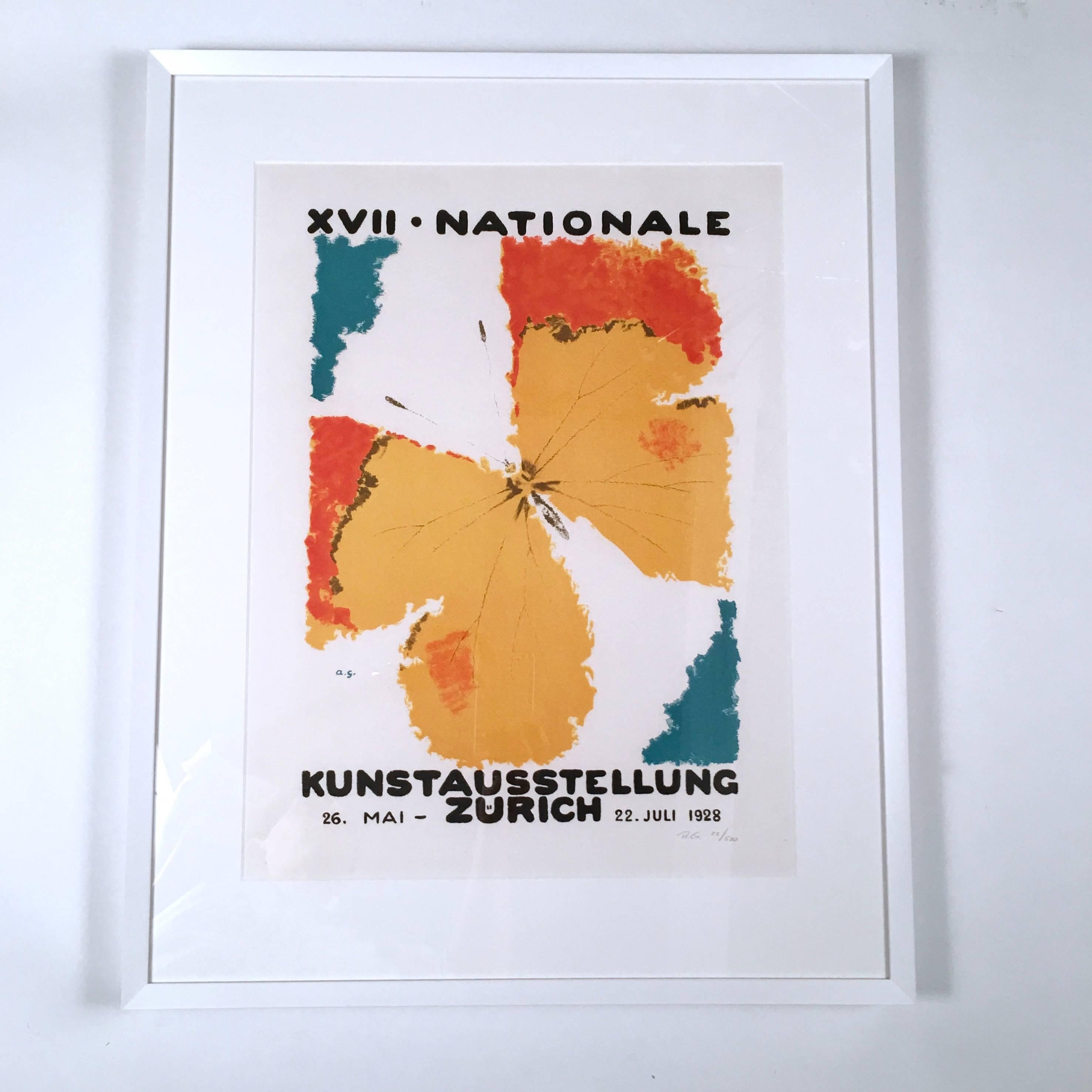 A beautifully printed lithograph poster of the 1928 Augusto Giacometti poster made for the 17th National Art Exhibition in Zurich, Switzerland, depicting an orange and yellow butterfly on a white field with blue corners. This poster is a hand