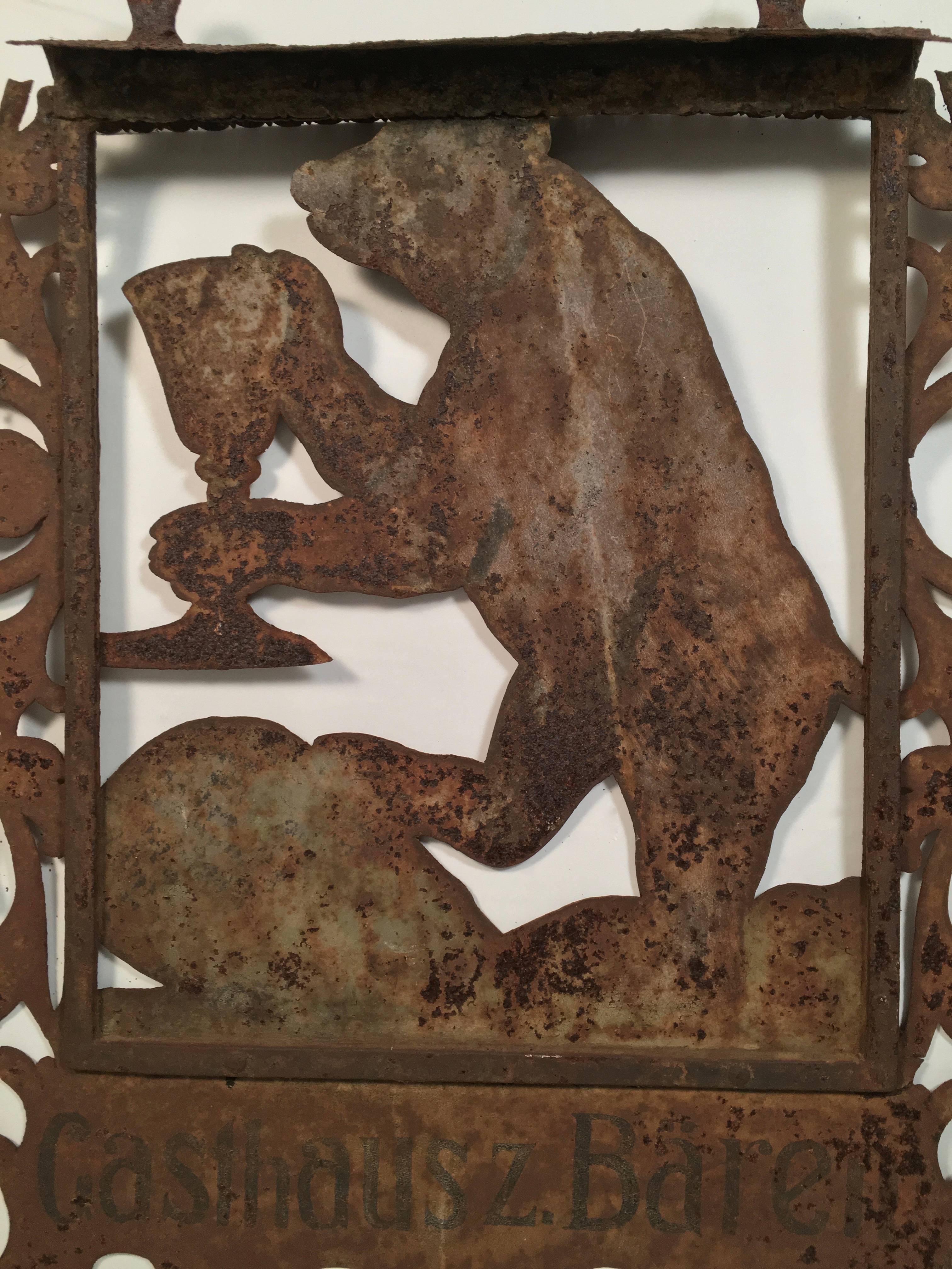Sheet Metal Antique Swiss Bear with Raised Glass Sign from an Inn