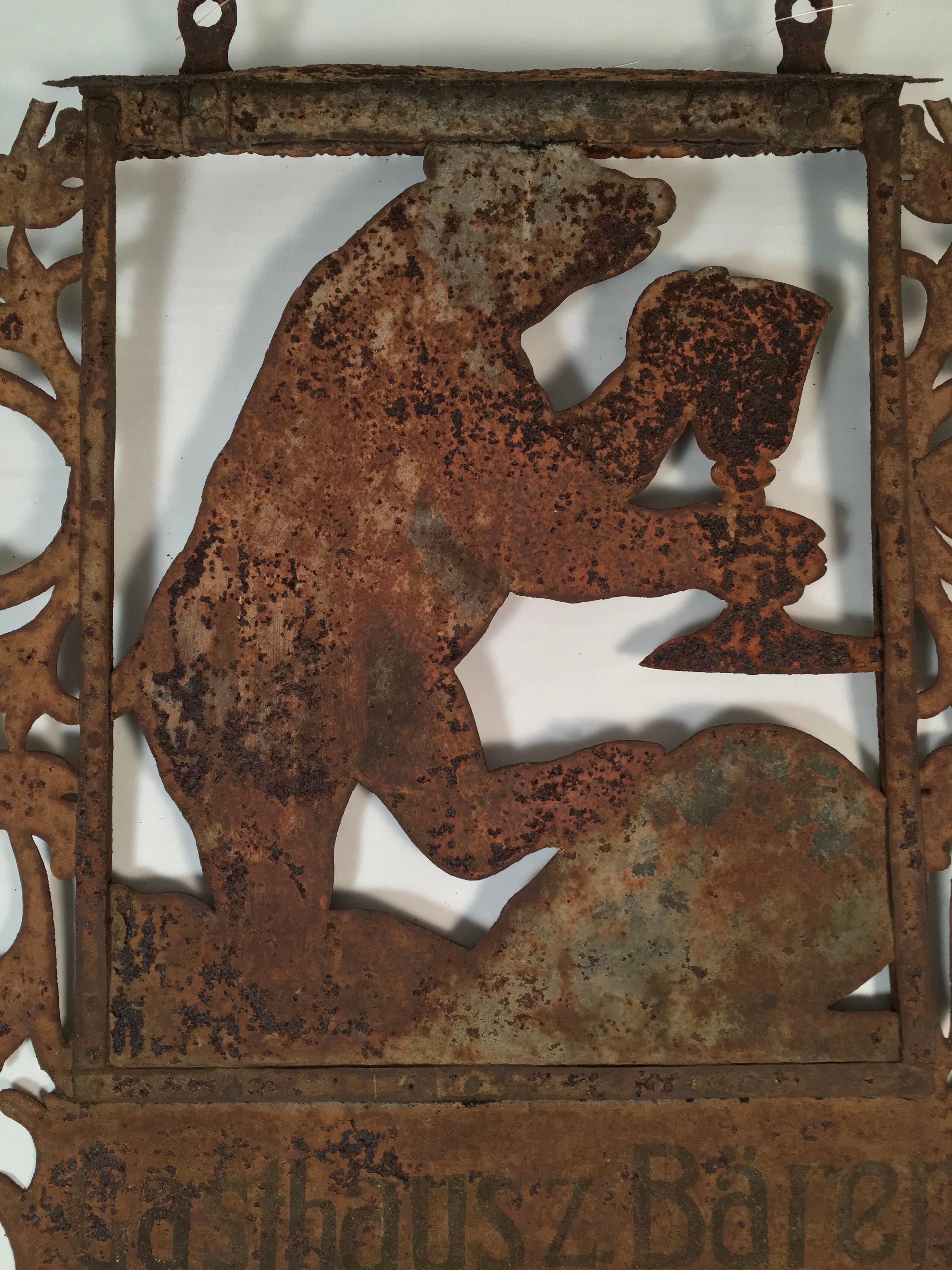 Carved Antique Swiss Bear with Raised Glass Sign from an Inn