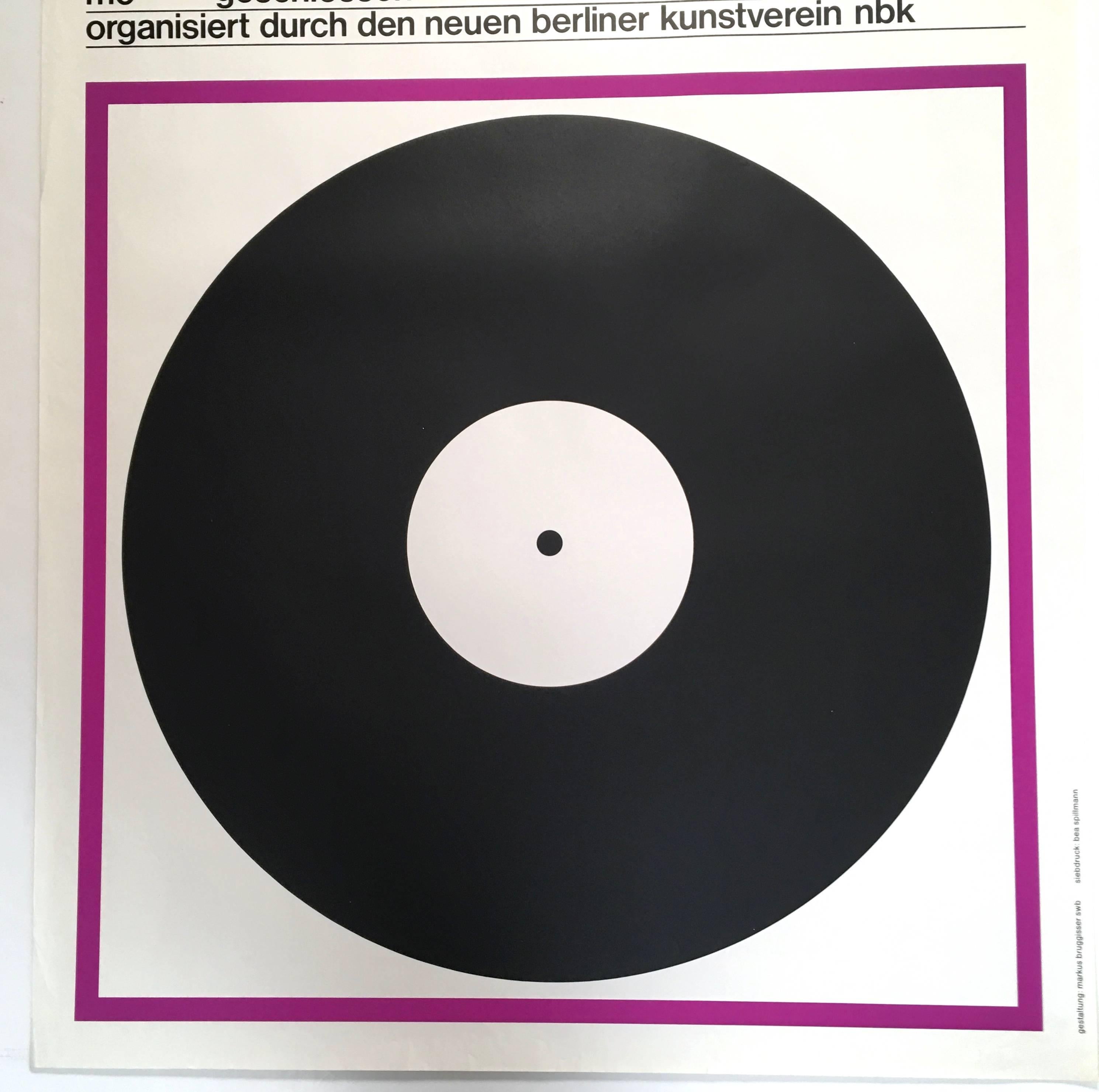 A Swiss museum poster for an exhibition of jazz and pop vinyl record album covers, featuring a graphic minimalist black circle with dot in the middle, representing a vinyl record, with Helvetica typeface and a purple border, designed by Markus