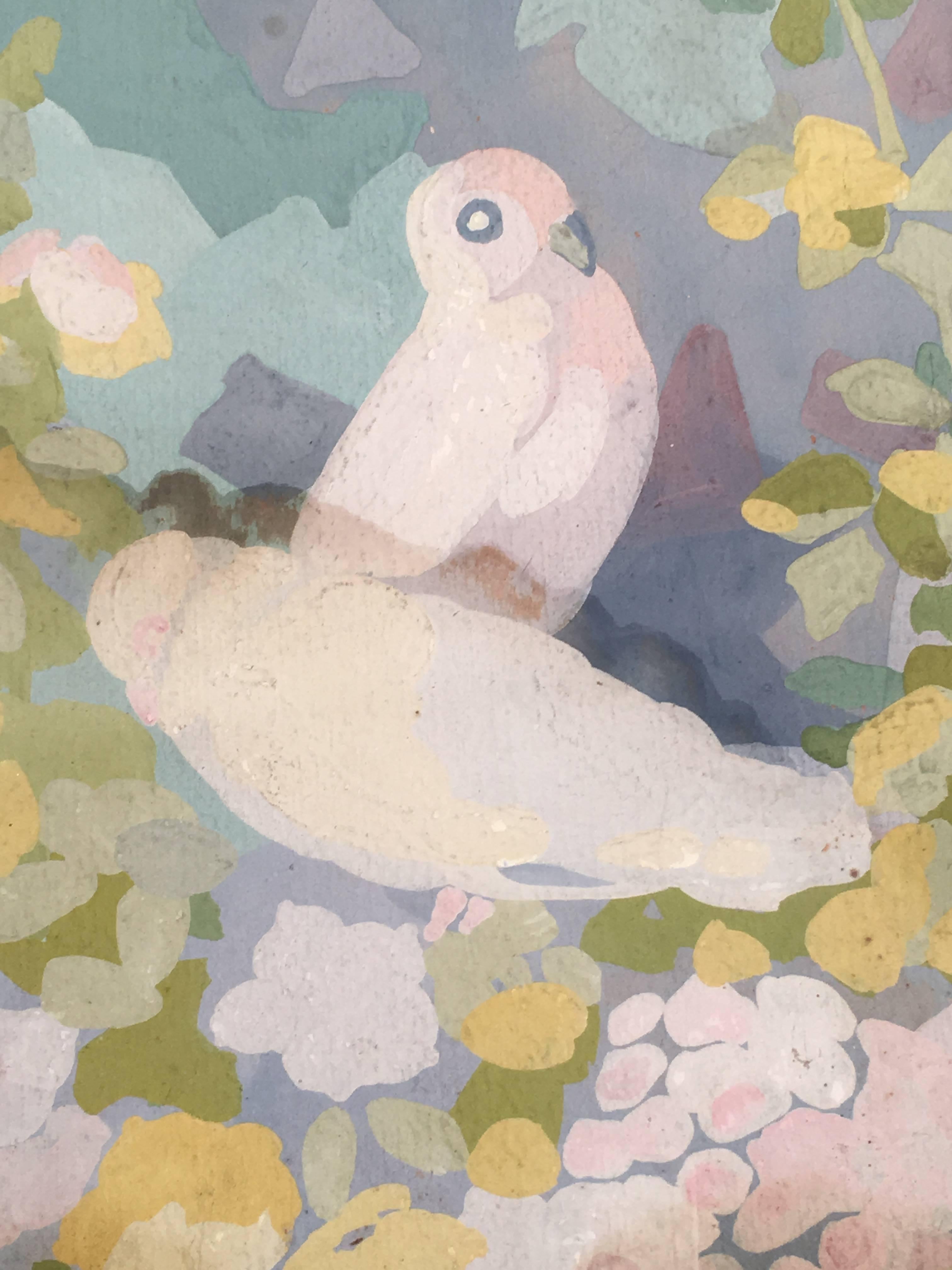 A charming, highly decorative gouache on board painting of two doves in a floral landscape, rendered in beautiful pastel colors of white, pink, yellow and various shades of blue, signed P. Fine lower right, framed with a red linen fillet within its