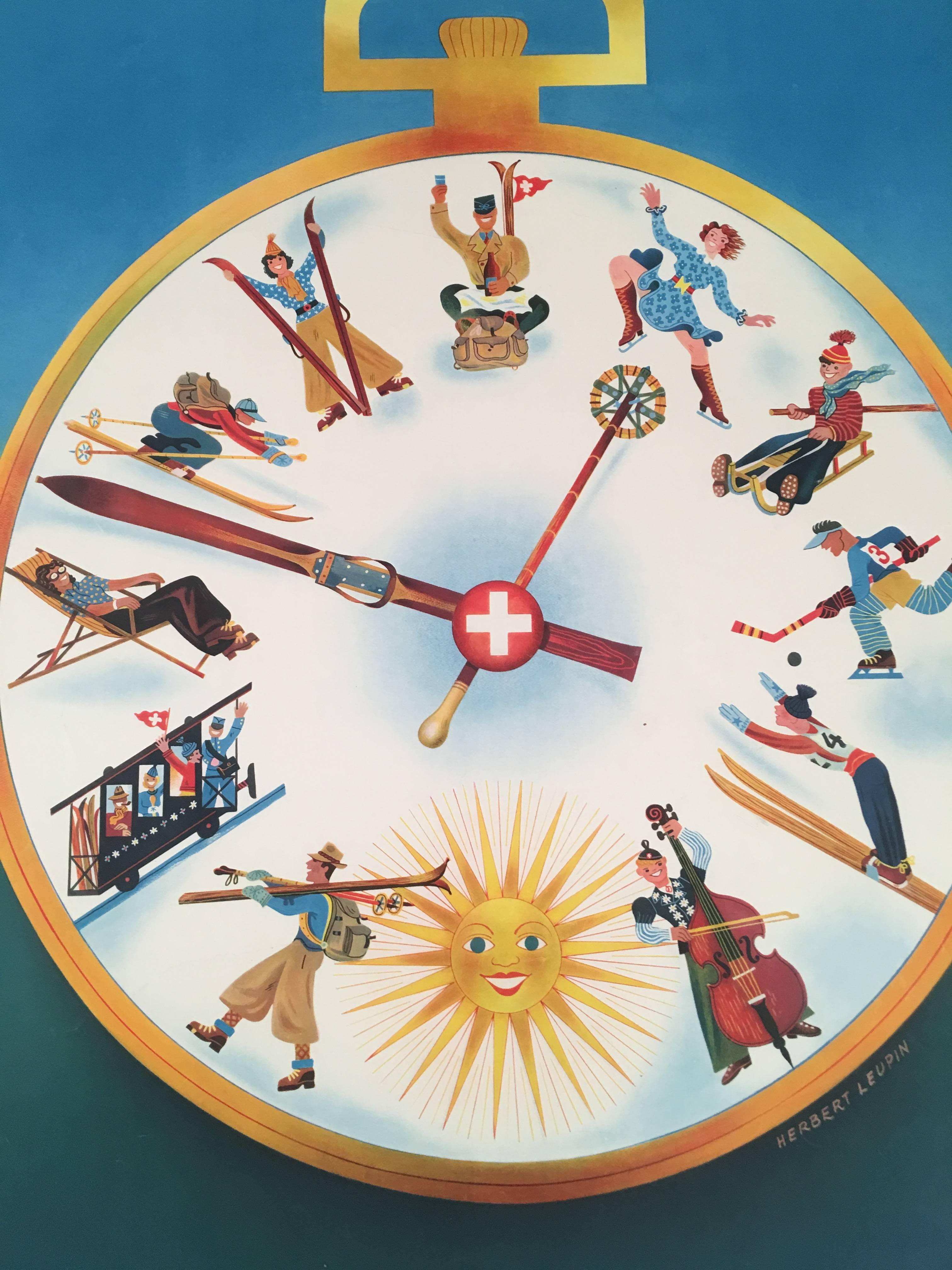 An original lithograph Swiss travel poster by graphic designer Herbert Leupin (Swiss, 1916-1999) entitled, in French, L'heure des sports d'hiver en Suisse (Time for Winter Sports in Switzerland), depicting a large pocket watch with a Swiss cross or