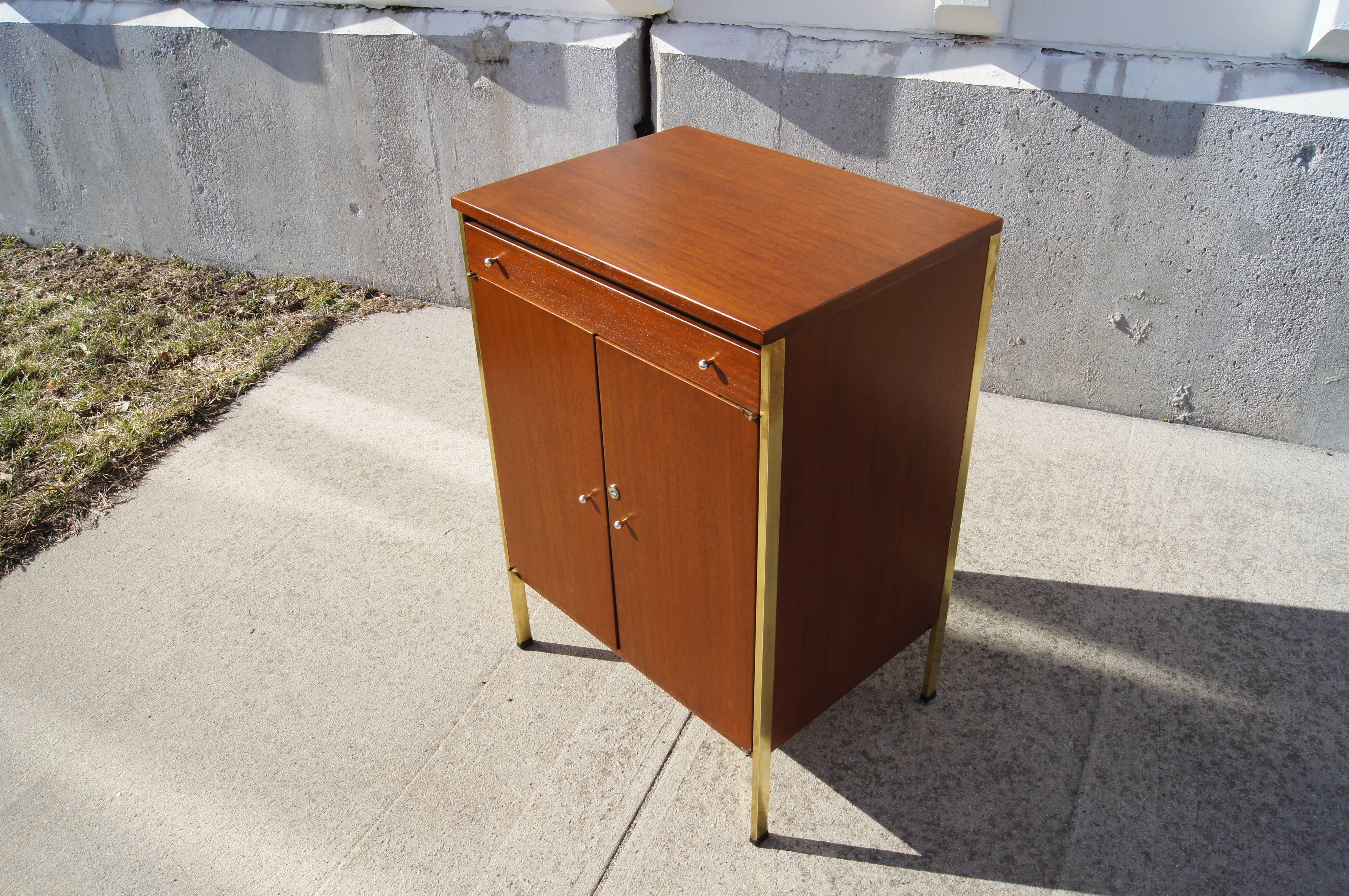 Mid-Century Modern Small Mahogany Cabinet with Brass Supports by Paul McCobb for Calvin
