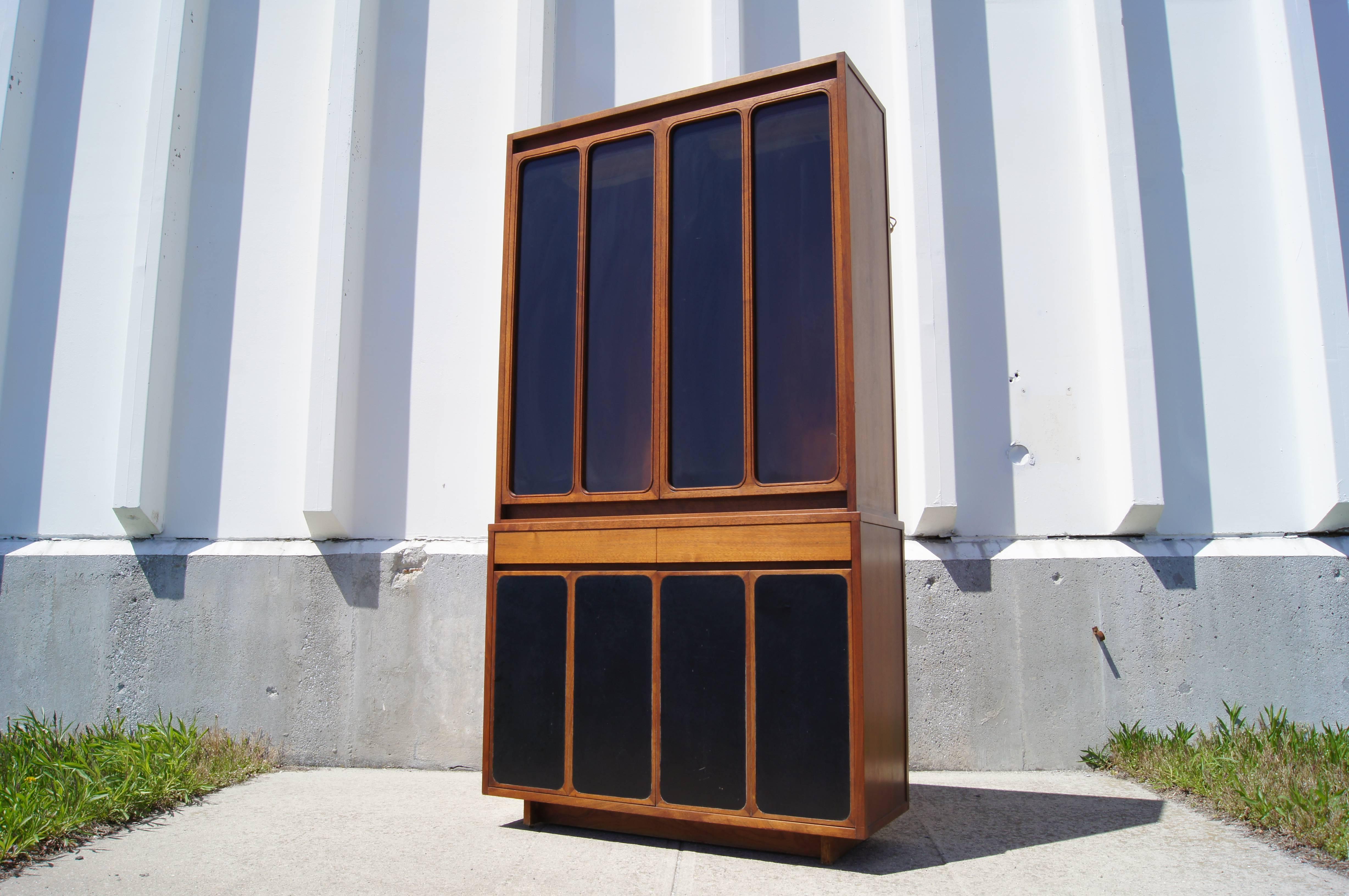 Tall Walnut and Leather Cabinet with Glass Doors by Paul McCobb for H. Sacks In Good Condition For Sale In Dorchester, MA