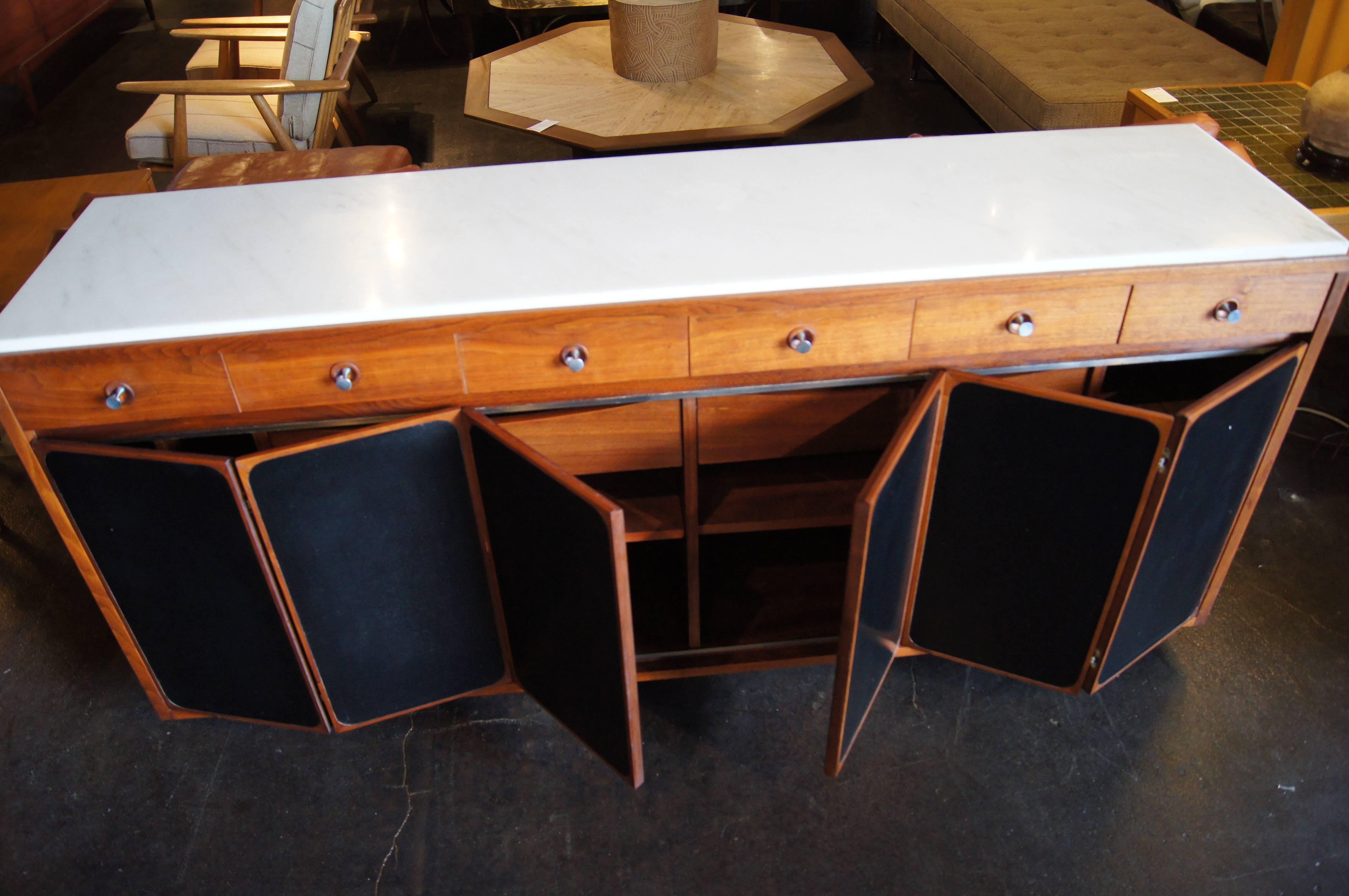 Mid-Century Modern Walnut Sideboard with White Marble Top and Leather Panels by Paul McCobb