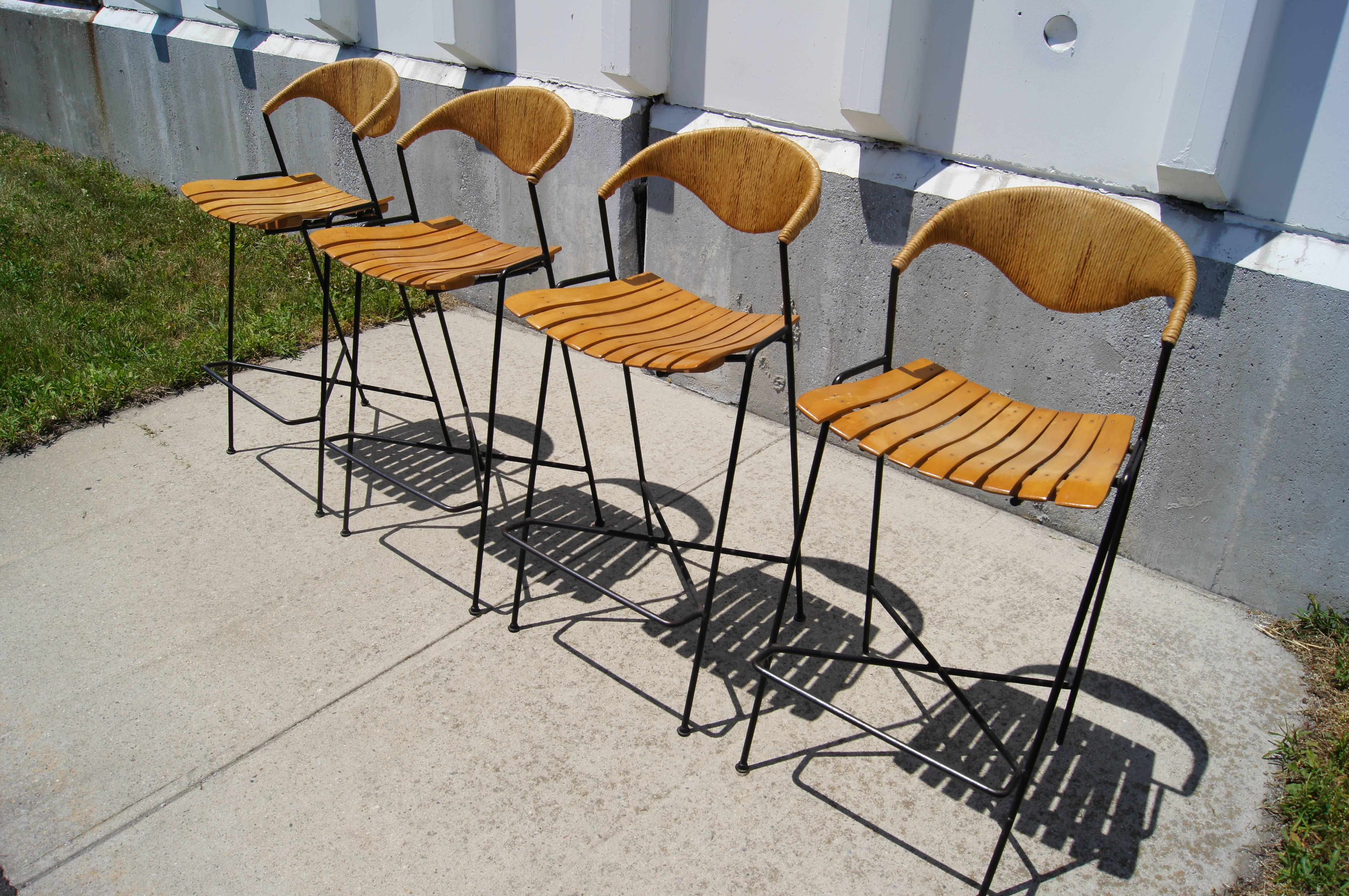 Set of Four Iron, Walnut and Paper Cord Bar Stools by Arthur Umanoff In Excellent Condition In Dorchester, MA