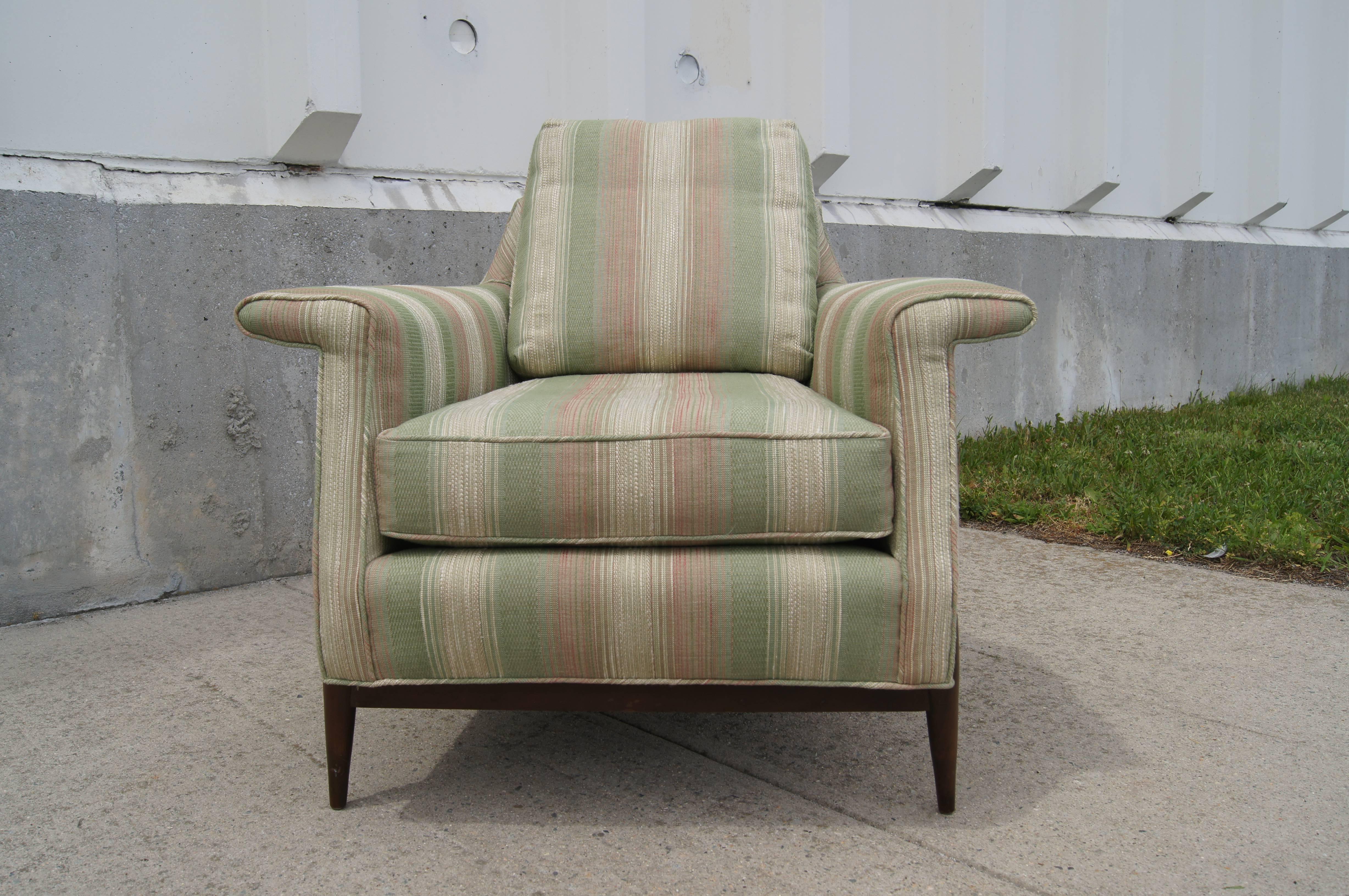 European Mid-Century Upholstered Lounge Chair with Walnut Legs For Sale